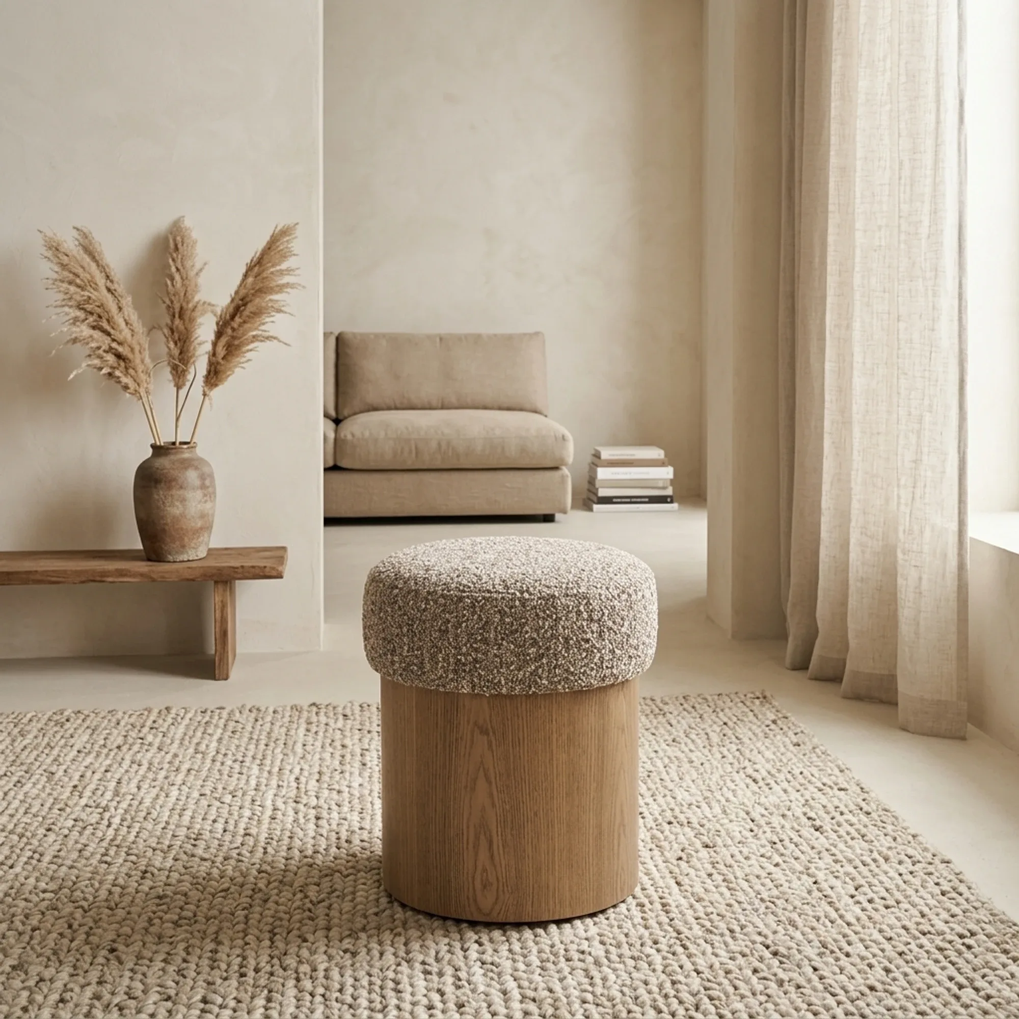 Pouf George Flou in einem hellen Wohnzimmer mit Sofa, Holzbank und Teppich - Eleonora