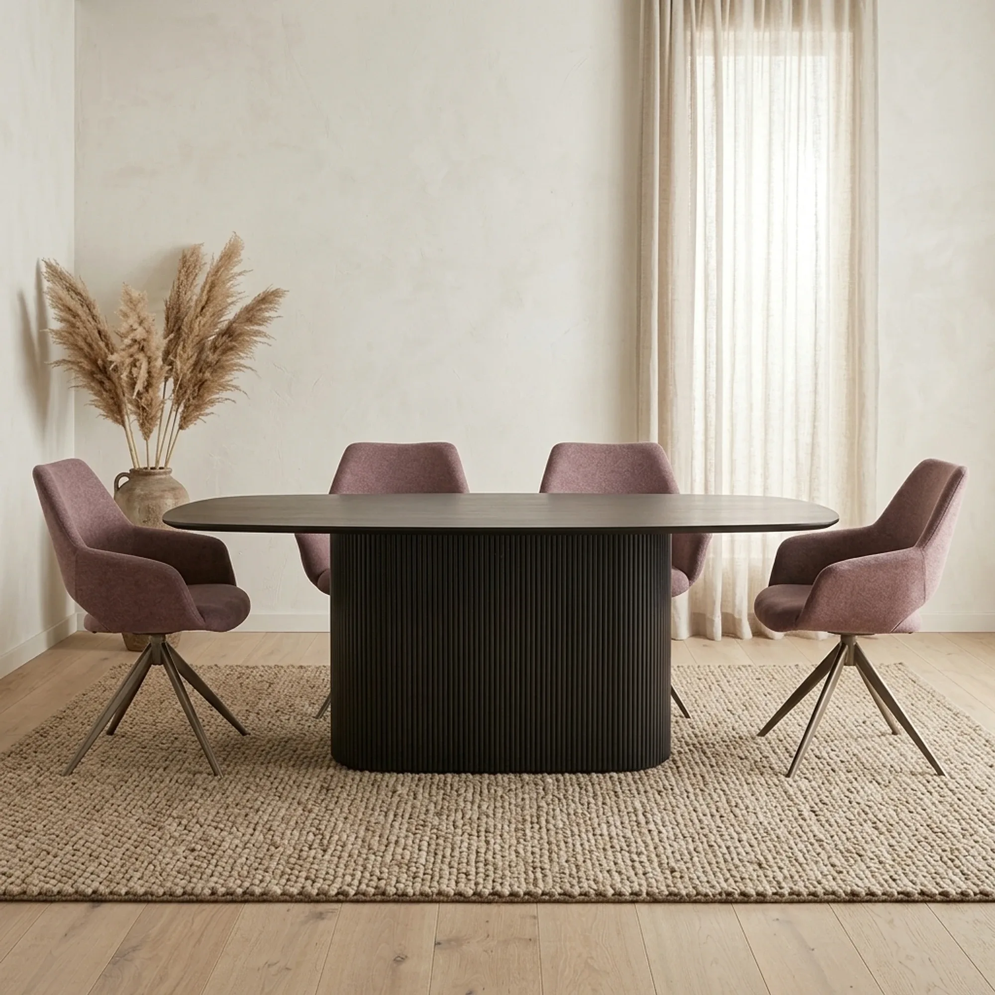 Der Rivello Esstisch 260 cm in einem stimmungsvollen Esszimmer mit vier violetten Stühlen und einem Teppich - Tower Living