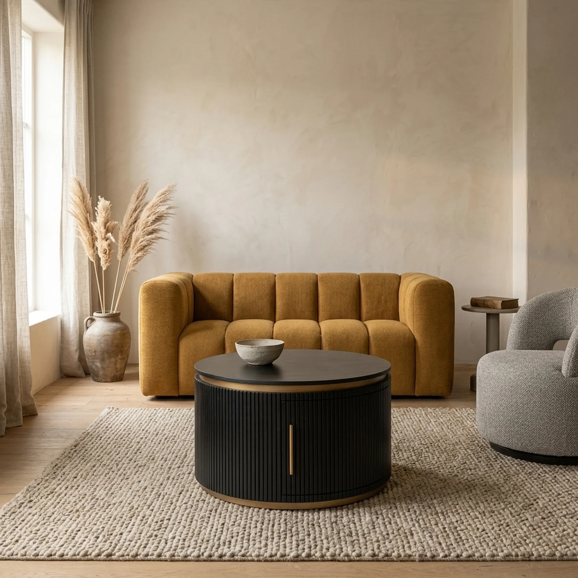 Der Rivello Couchtisch rund 80 cm in einem stimmungsvollen Wohnzimmer mit senfgelbem Sofa und hellem Teppich - Tower Living