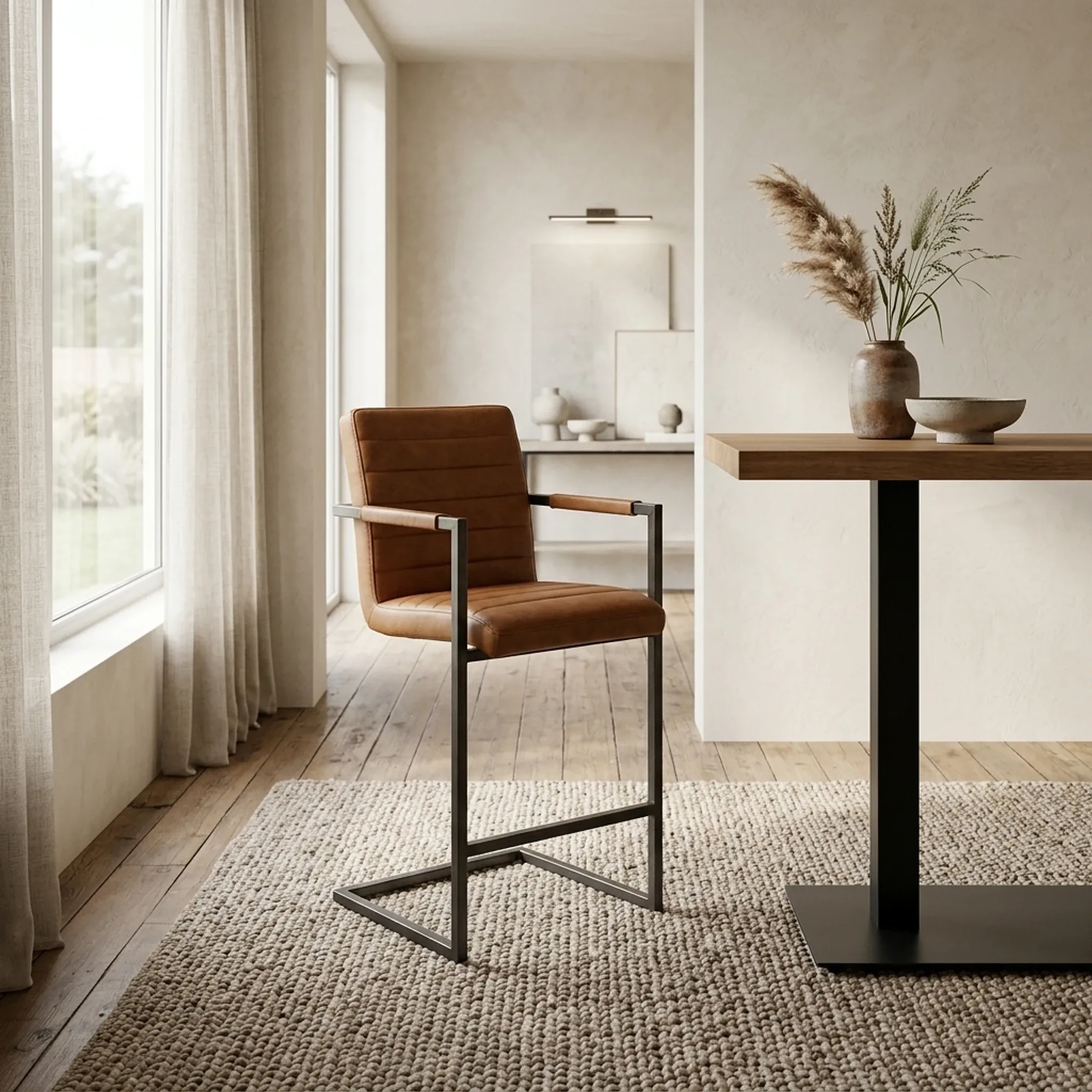 Rocca Barstoel Bull cognac in een moderne woonkamer met houten vloer en vloerkleed, naast een hoge tafel - Tower Living