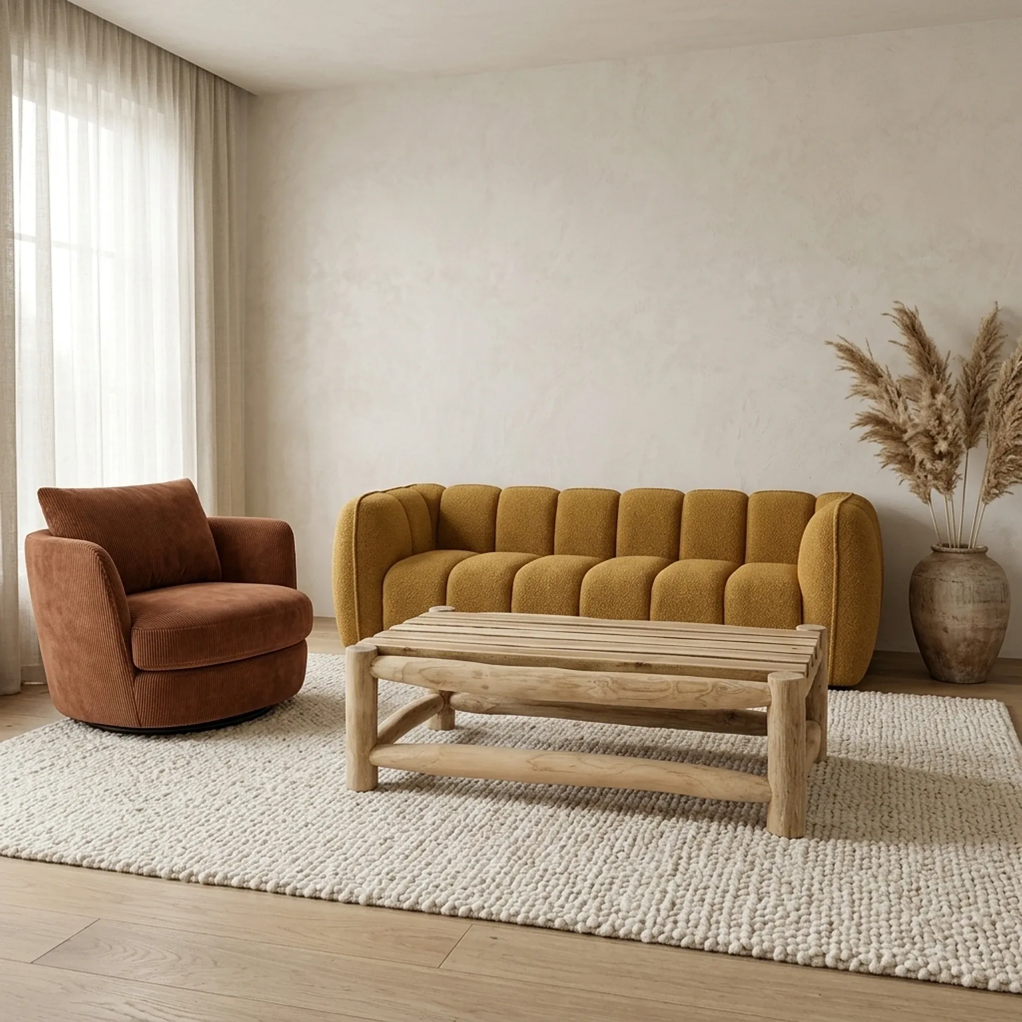 Couchtisch Barney in einem hellen Wohnzimmer mit einem gelben Sofa und einem braunen Sessel - Benoa