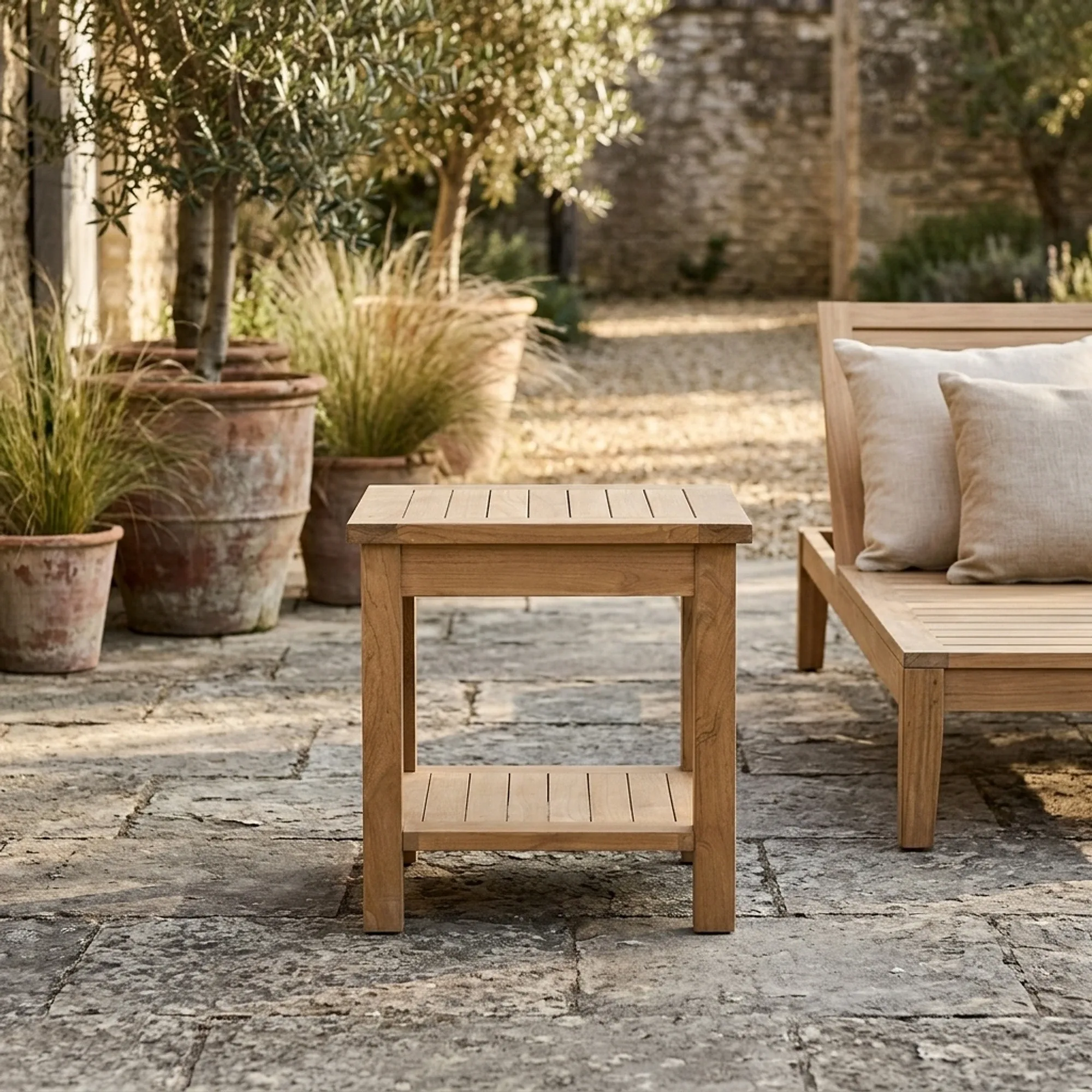 Couchtisch Boston Garten von Benoa in einem grünen Garten mit Pflanzen und einer Liege