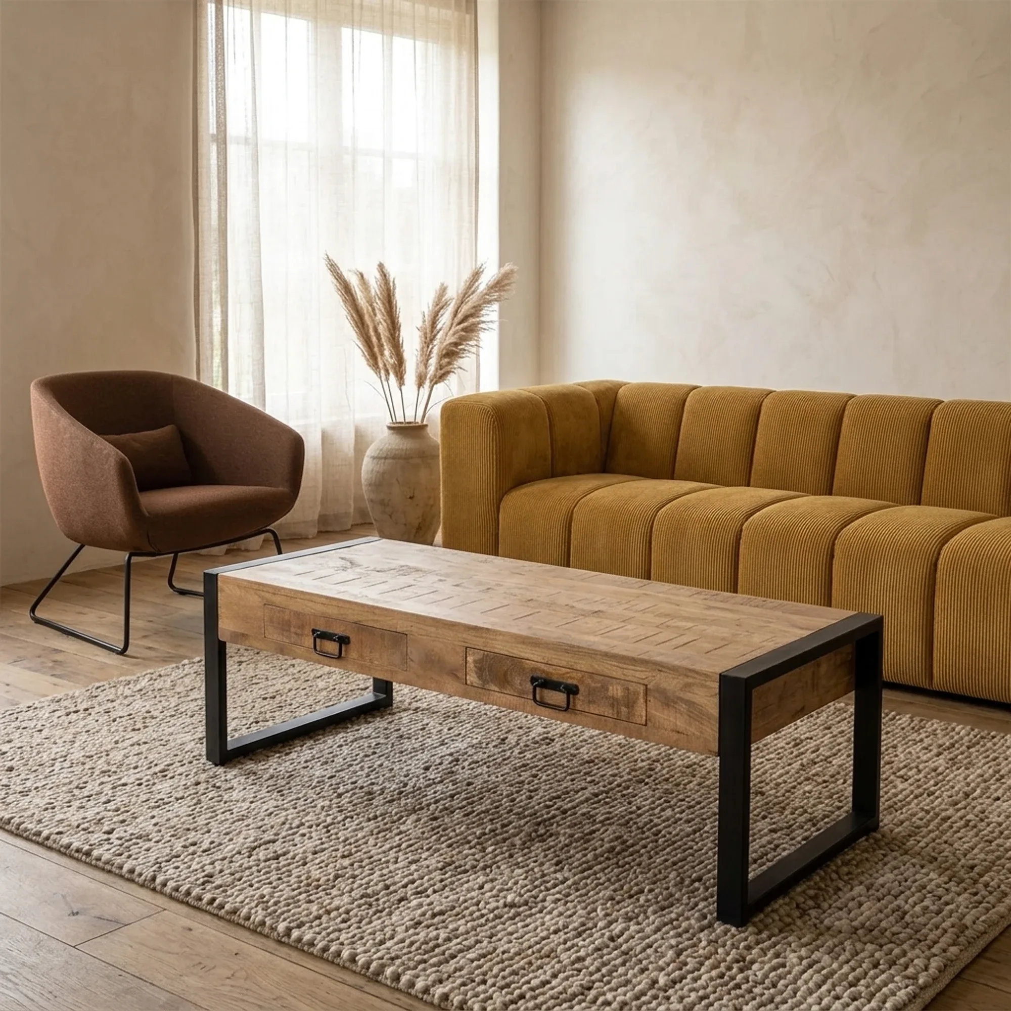 Couchtisch Britt mit Schubladen in einem stimmungsvollen Wohnzimmer mit Sofa, Sessel und Teppich - Benoa