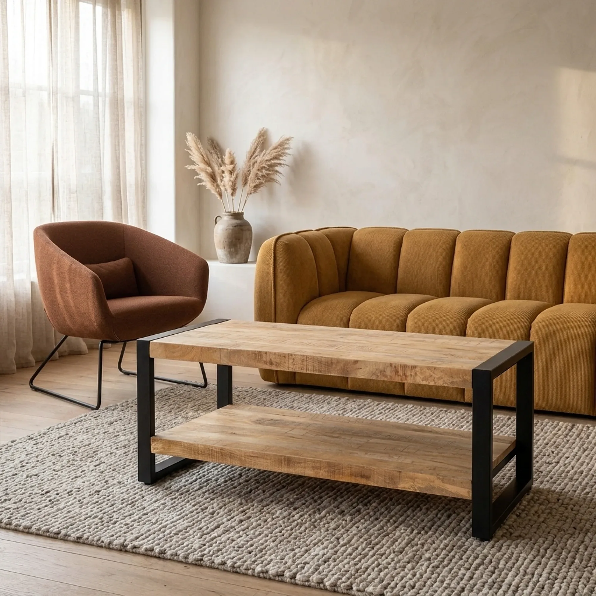 Couchtisch Britt mit Ablage in einem gemütlichen Wohnzimmer mit Sofa, Sessel und Teppich - Benoa