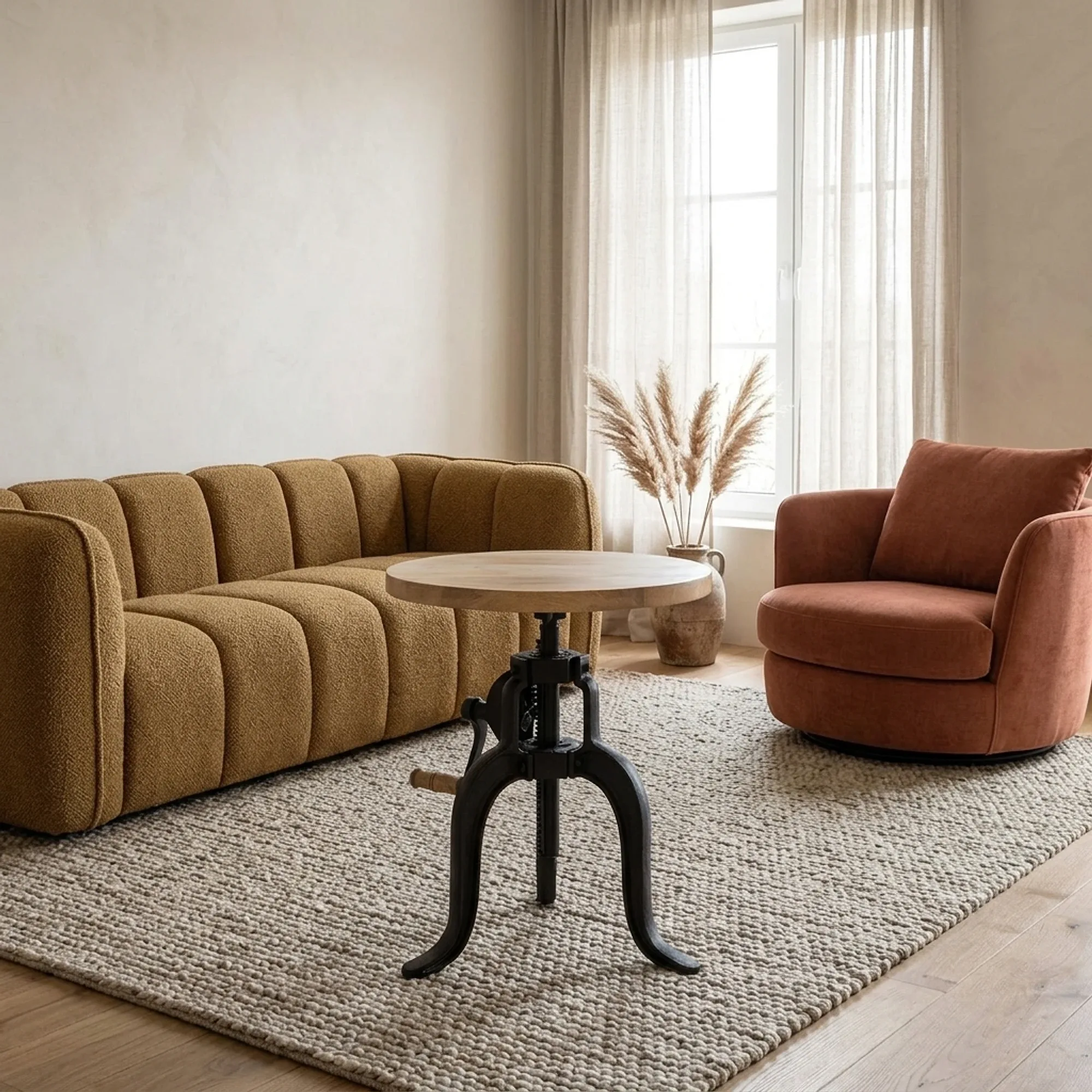 Couchtisch Crank in einem stimmungsvollen Wohnzimmer mit einem senfgelben Sofa und einem Terrakotta-Sessel - Benoa