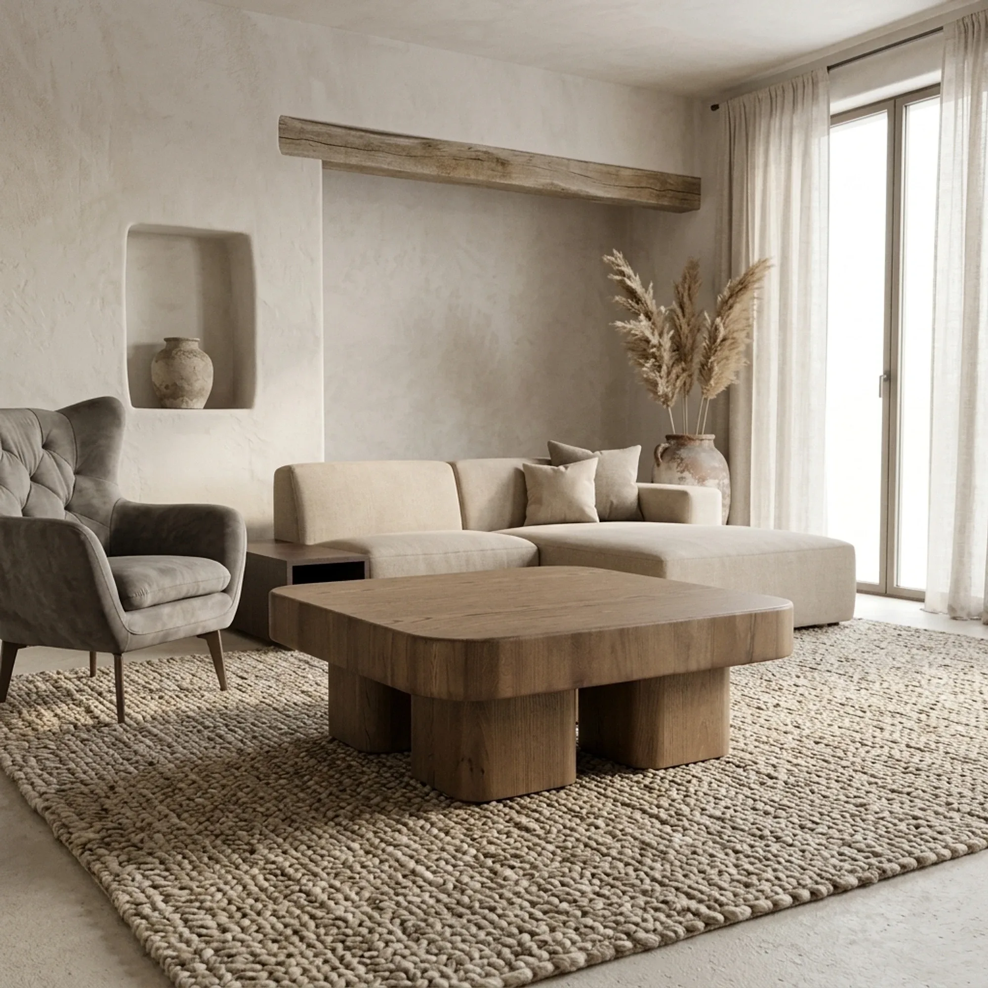 Couchtisch Harmonie Eiche in einem hellen Wohnzimmer mit Sofa, Sessel und Teppich, aus einer niedrigen Perspektive - Eleonora