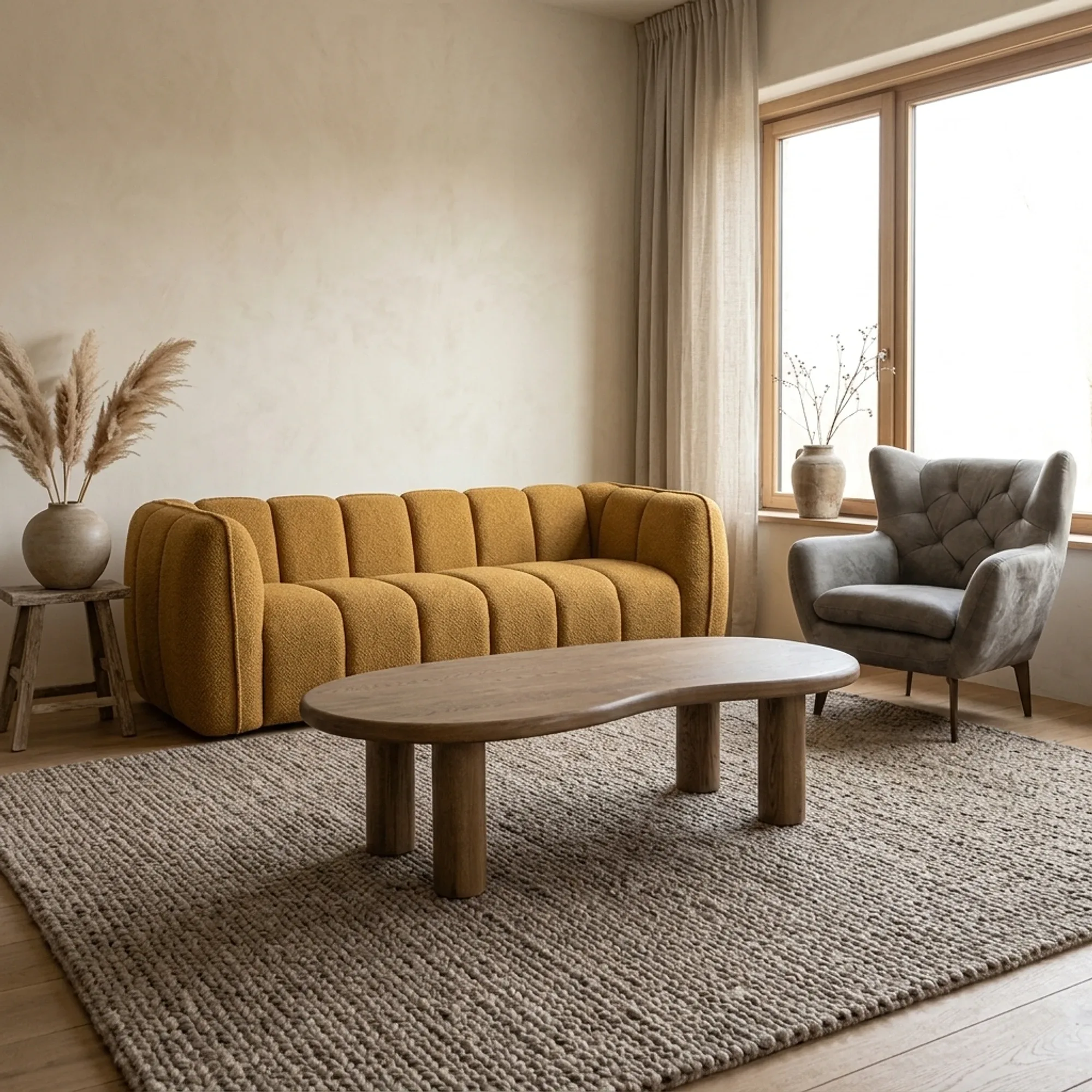 Couchtisch Josh Eiche in einem Wohnzimmer mit einem ockergelben Sofa und einem grauen Teppich - Eleonora