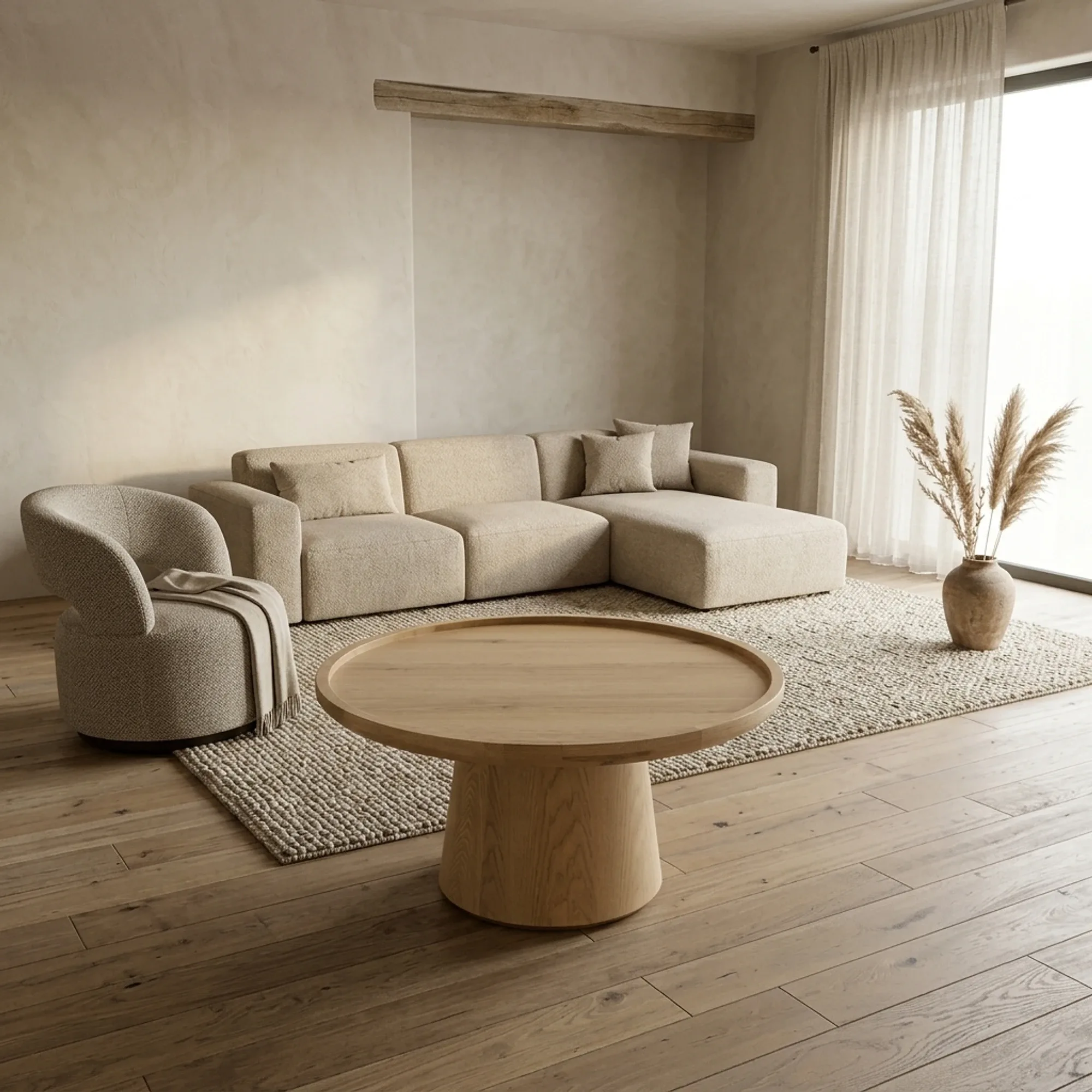 Couchtisch Leia Eichenfurnier in einem hellen Wohnzimmer mit Sofa, Sessel und Teppich - Eleonora
