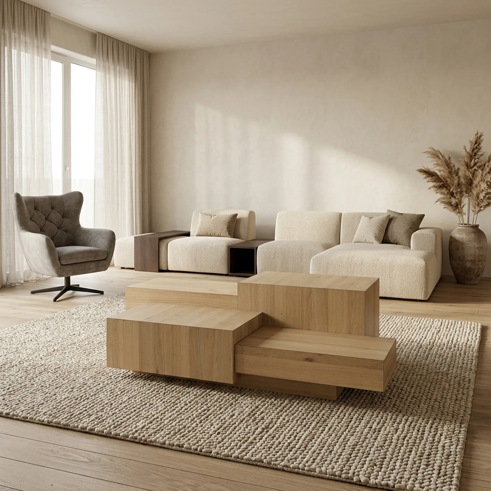 Der Couchtisch Quinten rechteckig Eiche Furnier steht in einem stimmungsvollen Wohnzimmer mit hellem Sofa und Sessel - Eleonora
