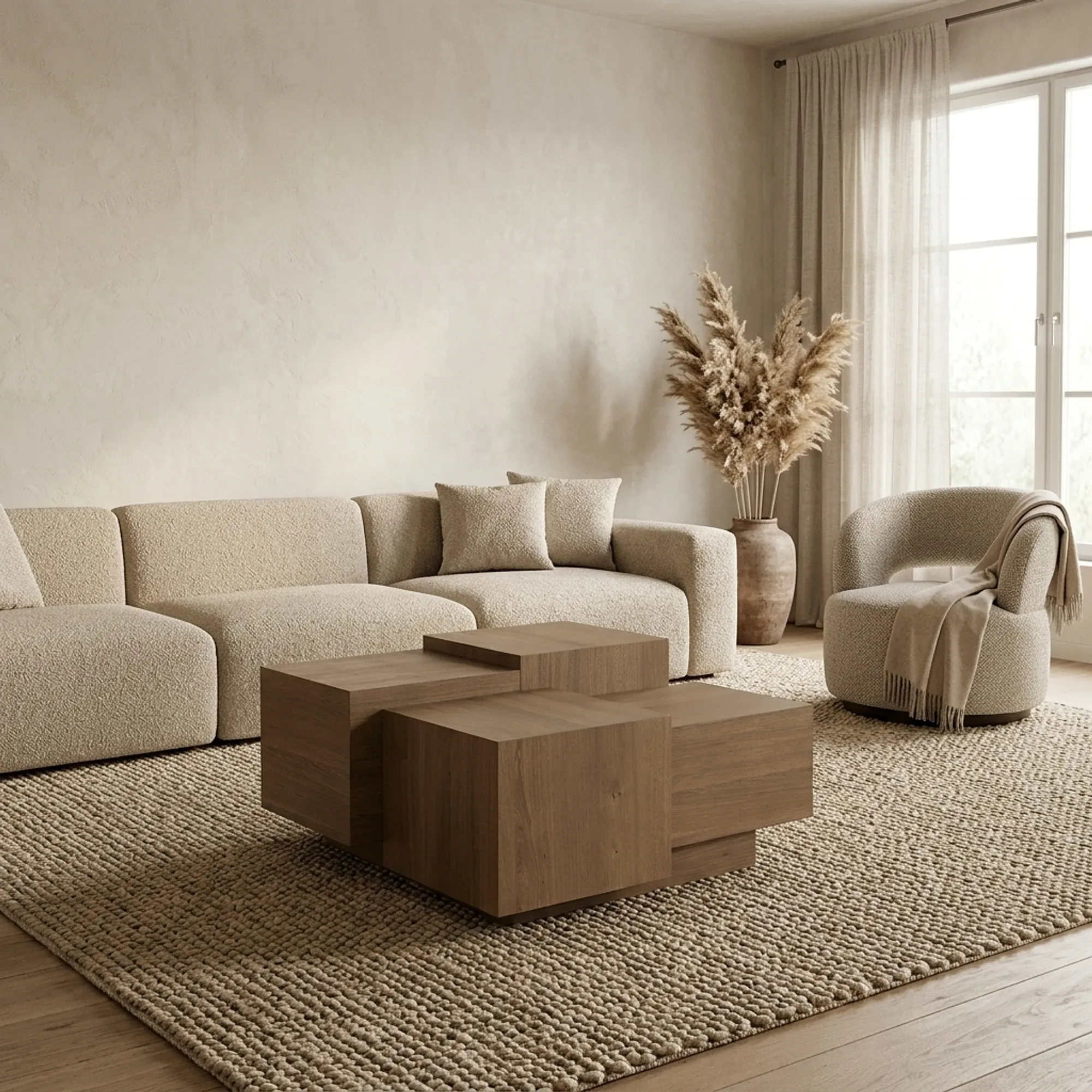 Couchtisch Quinten quadratisch Eichenfurnier in einem stimmungsvollen Wohnzimmer mit beigem Sofa und Sessel - Eleonora