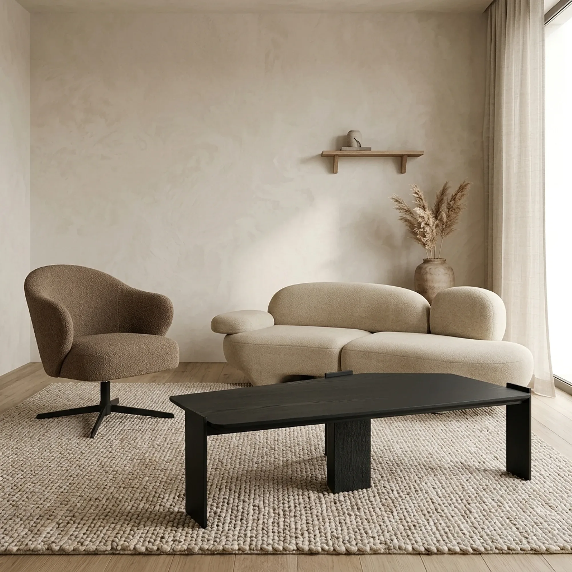Couchtisch Robert in einem hellen Wohnzimmer mit beigem Sofa und braunem Sessel auf einem Teppich - Eleonora