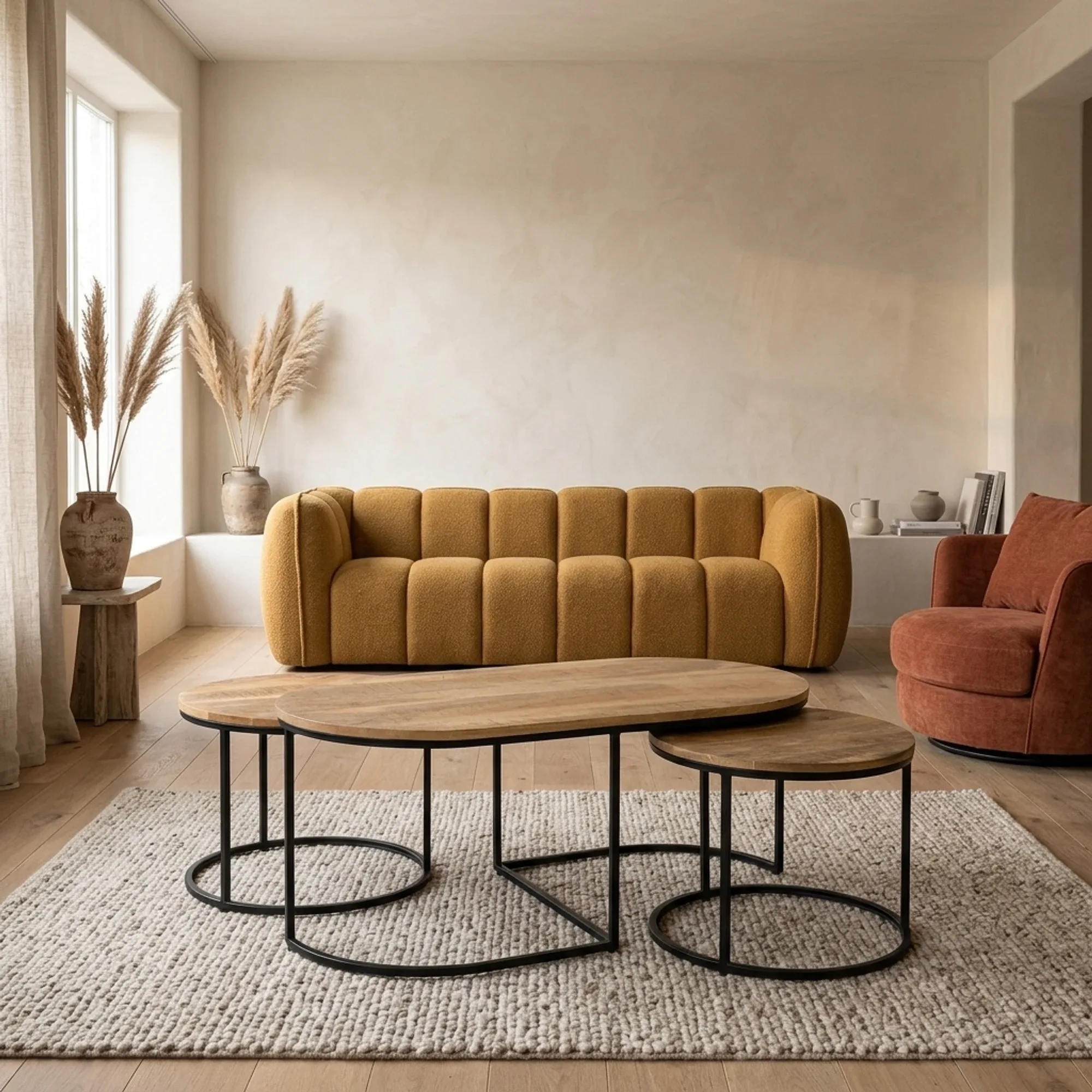 Couchtisch Rund und Oval 3er-Set in einem stimmungsvollen Wohnzimmer mit senfgelbem Sofa und orangefarbenem Sessel - Benoa