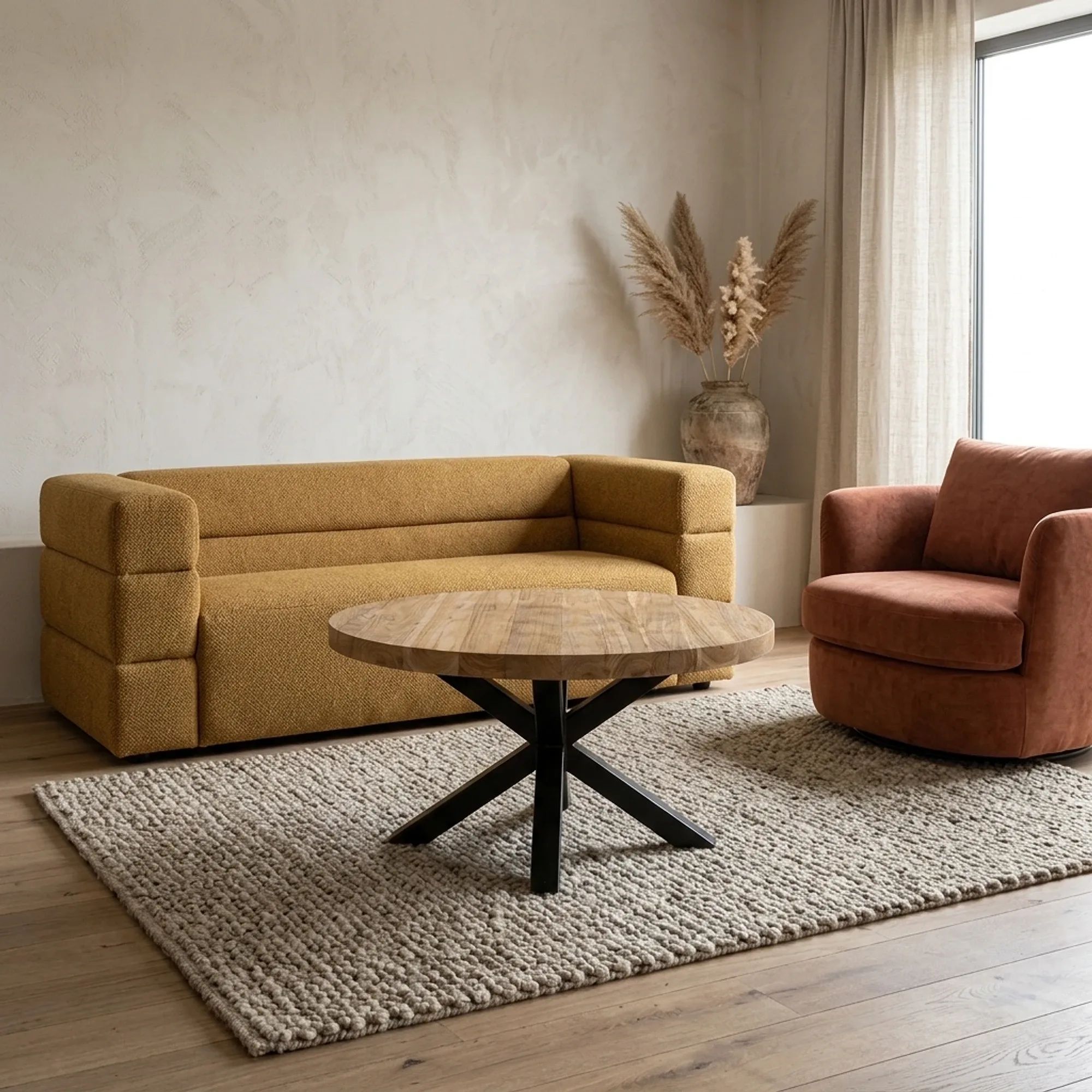 Runder Benoa Couchtisch Mika Teak in einem stimmungsvollen Wohnzimmer mit senfgelbem Sofa und Terrakotta-Sessel