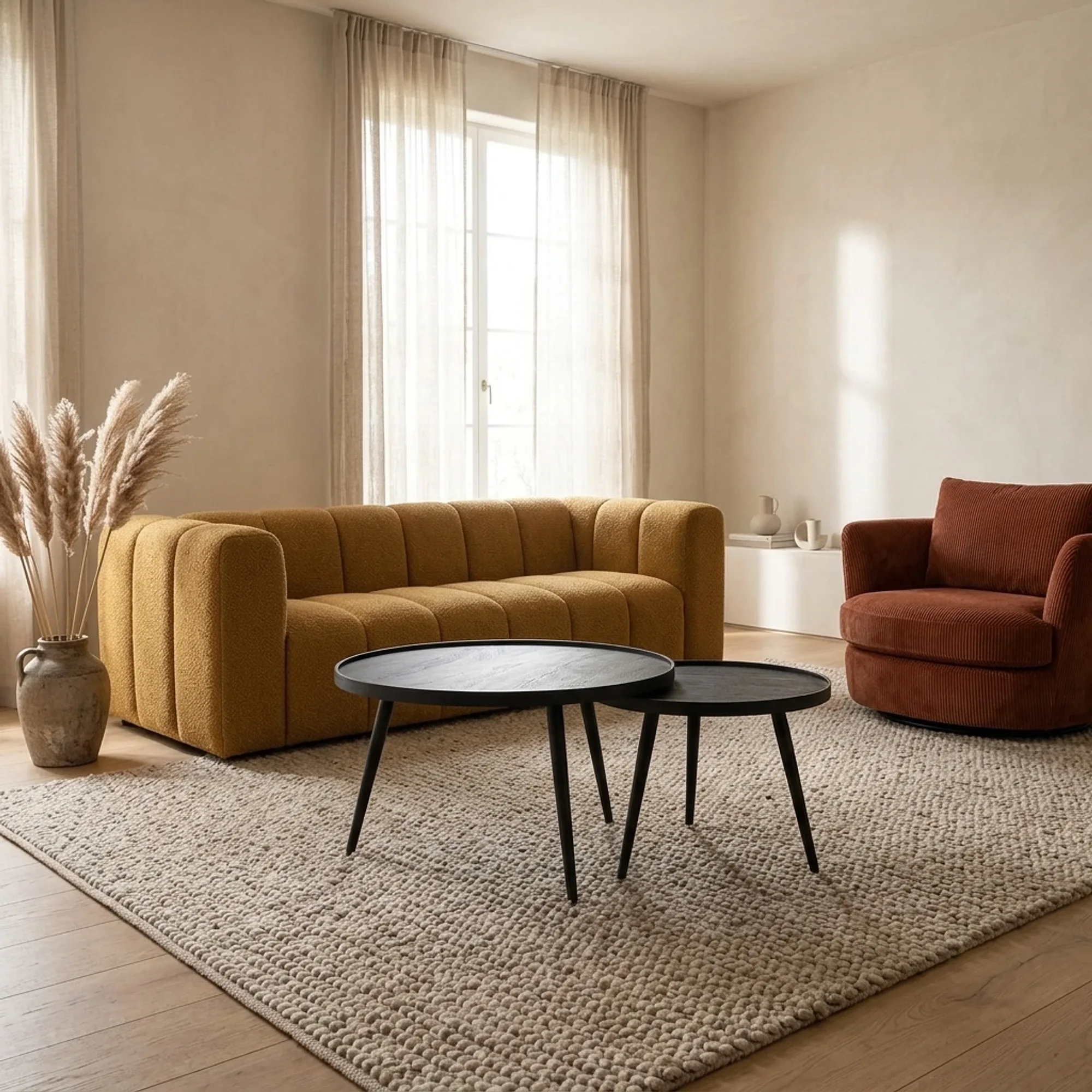 Beistelltisch Rund Schwarz Set von 2 auf einem hellen Teppich in einem stimmungsvollen Wohnzimmer mit Sofa und Sessel - Benoa