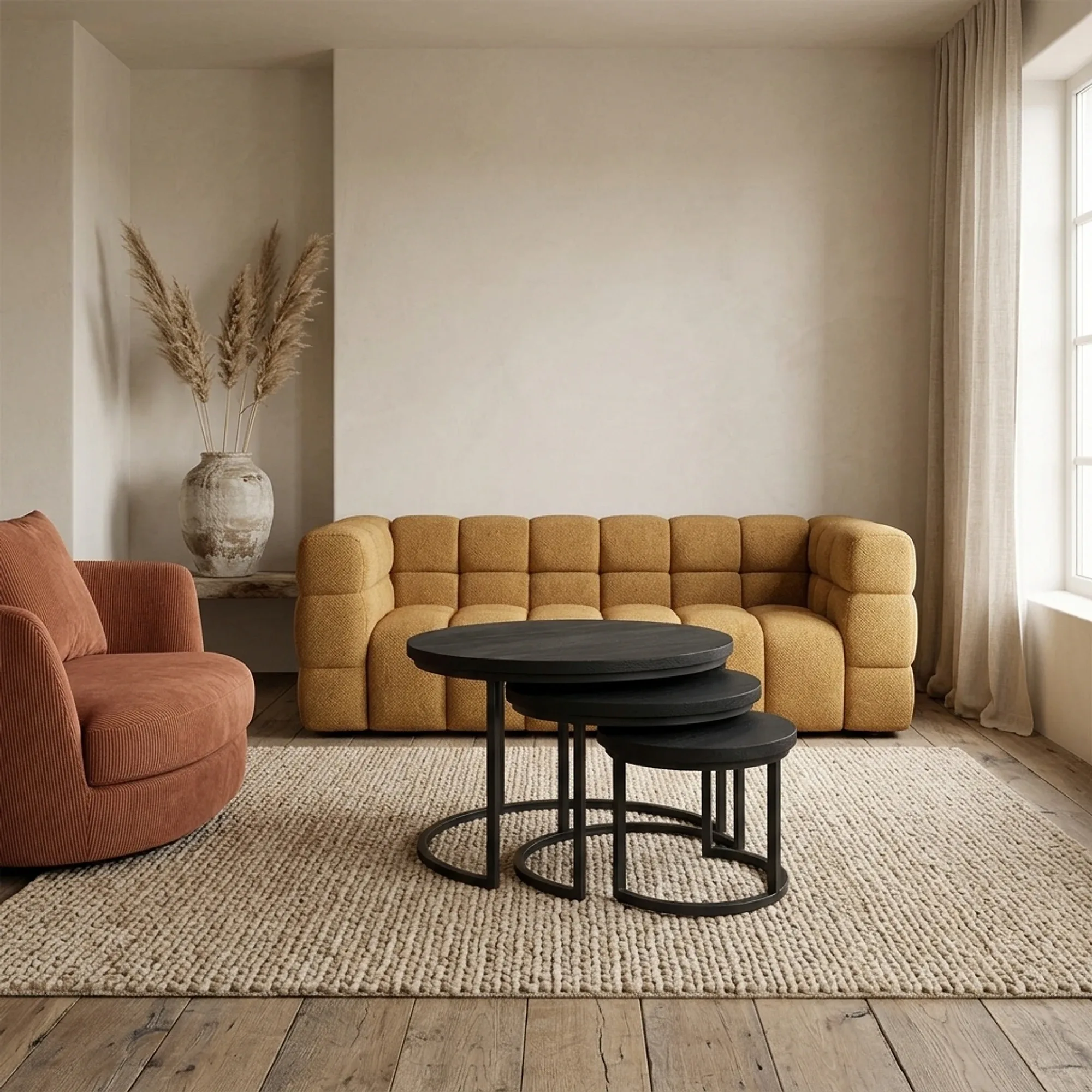 Der Couchtisch Rylee Schwarz 3er-Set steht auf einem Teppich in einem stimmungsvollen Wohnzimmer - Benoa