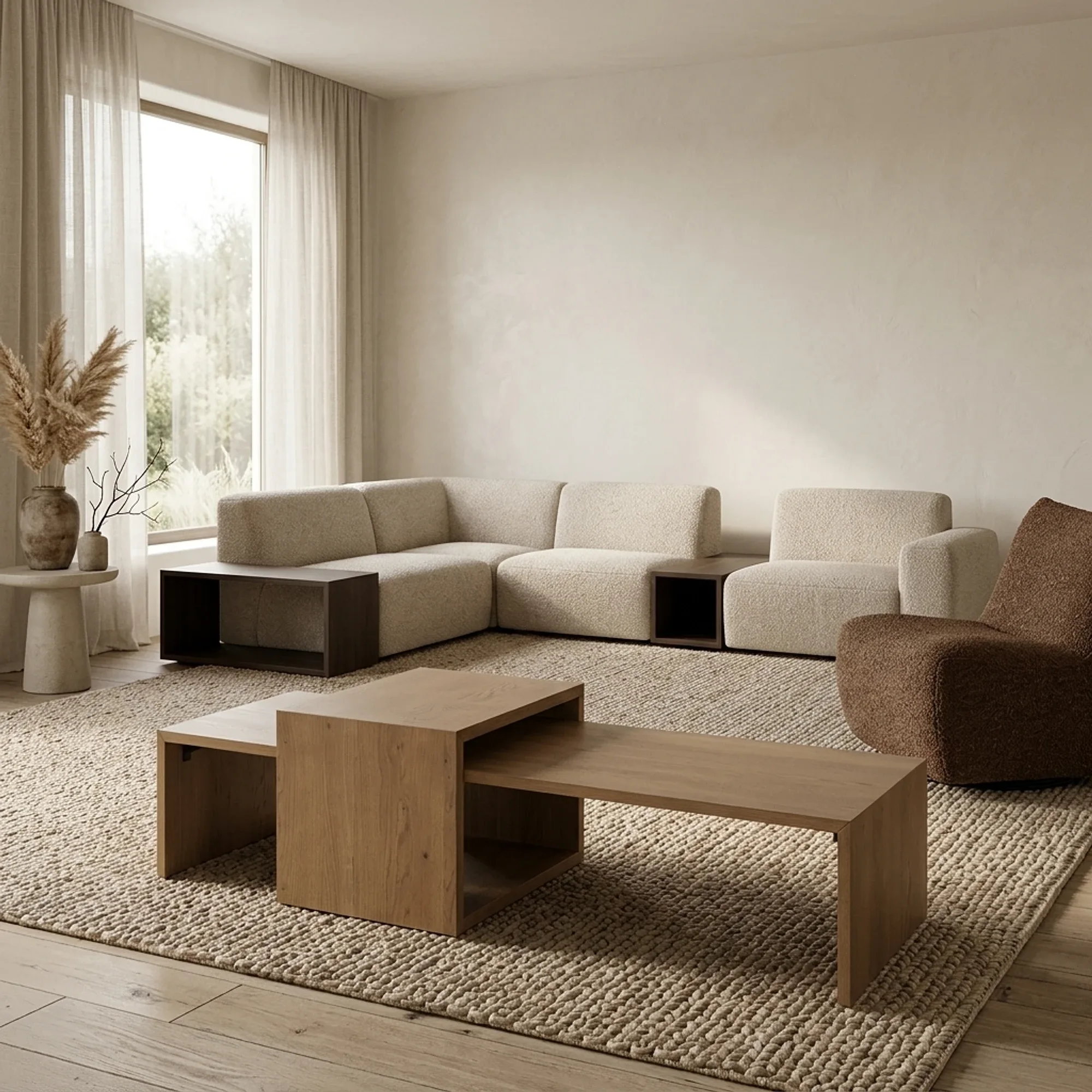 Couchtisch-Set Flo in einem hellen Wohnzimmer mit beigem Ecksofa und braunem Sessel - Eleonora