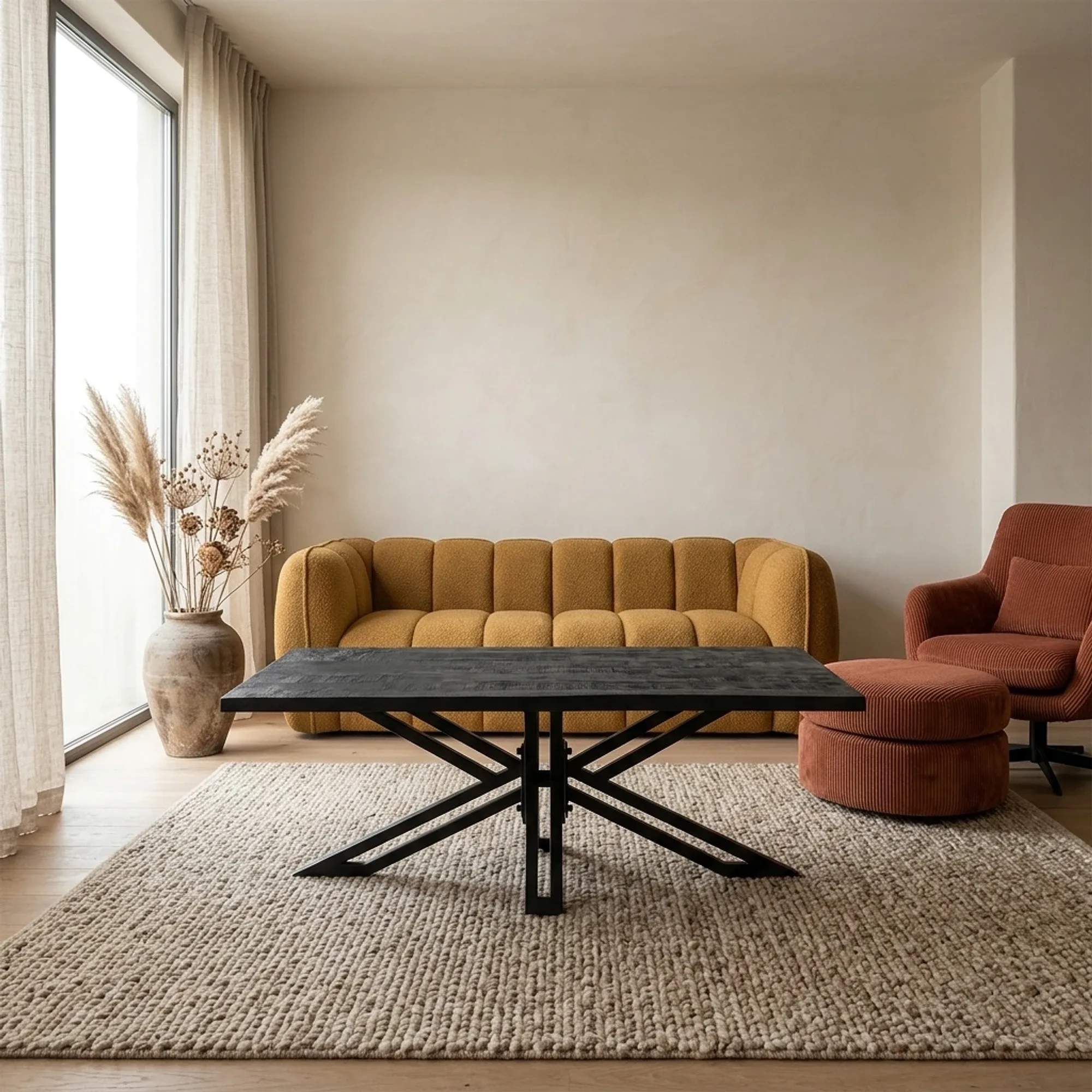 Couchtisch Yana Schwarz 120 in einem stimmungsvollen Wohnzimmer mit senfgelbem Sofa und Terrakotta-Sessel - Benoa