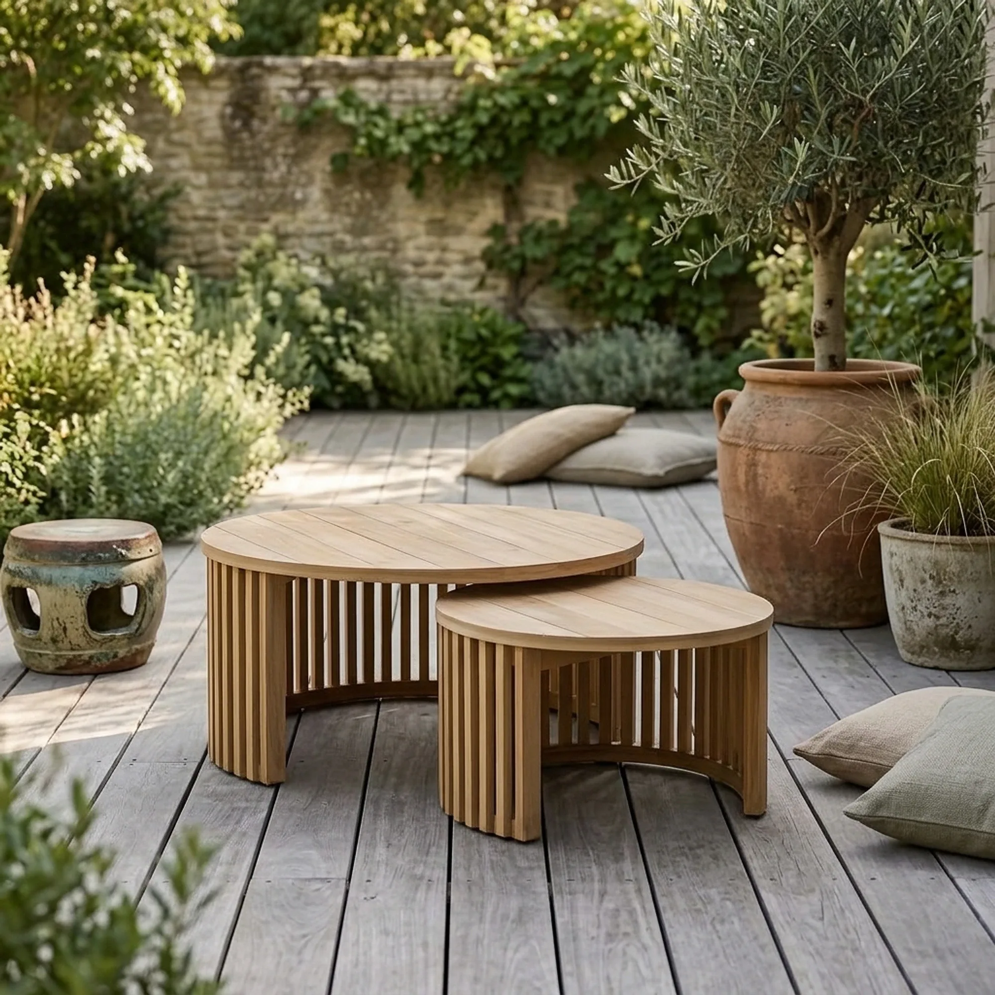 Das Benoa Couchtisch-Set Teak Rund Outdoor in einem Garten mit Holzterrasse, umgeben von Pflanzen