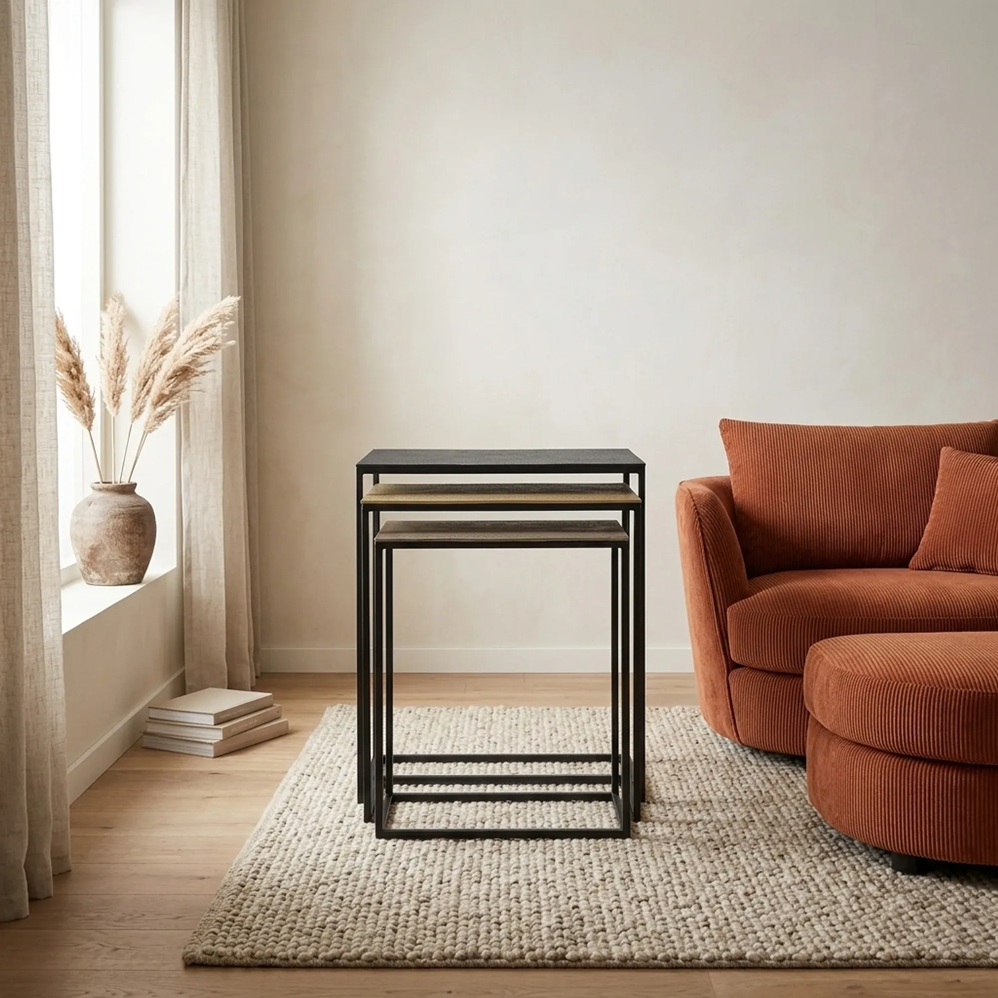 Beistelltisch Aida 3er-Set in einem hellen Wohnzimmer mit einem orangefarbenen Sofa und einem cremefarbenen Teppich - Benoa