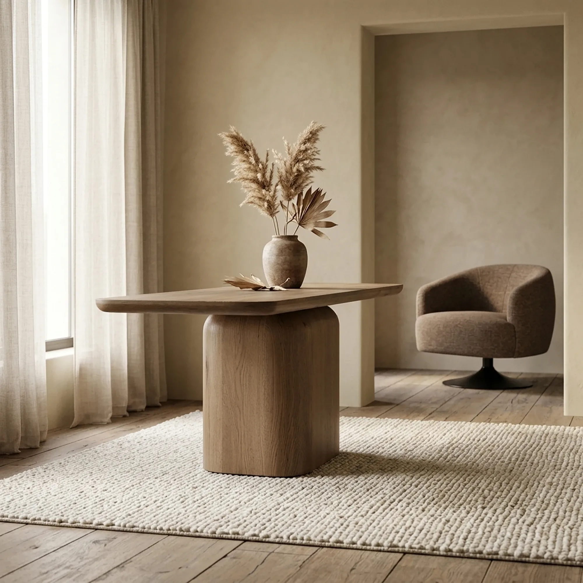 Beistelltisch Leon Eiche in einem modernen Interieur mit einer Vase mit Pampasgras und einem Sessel - Eleonora