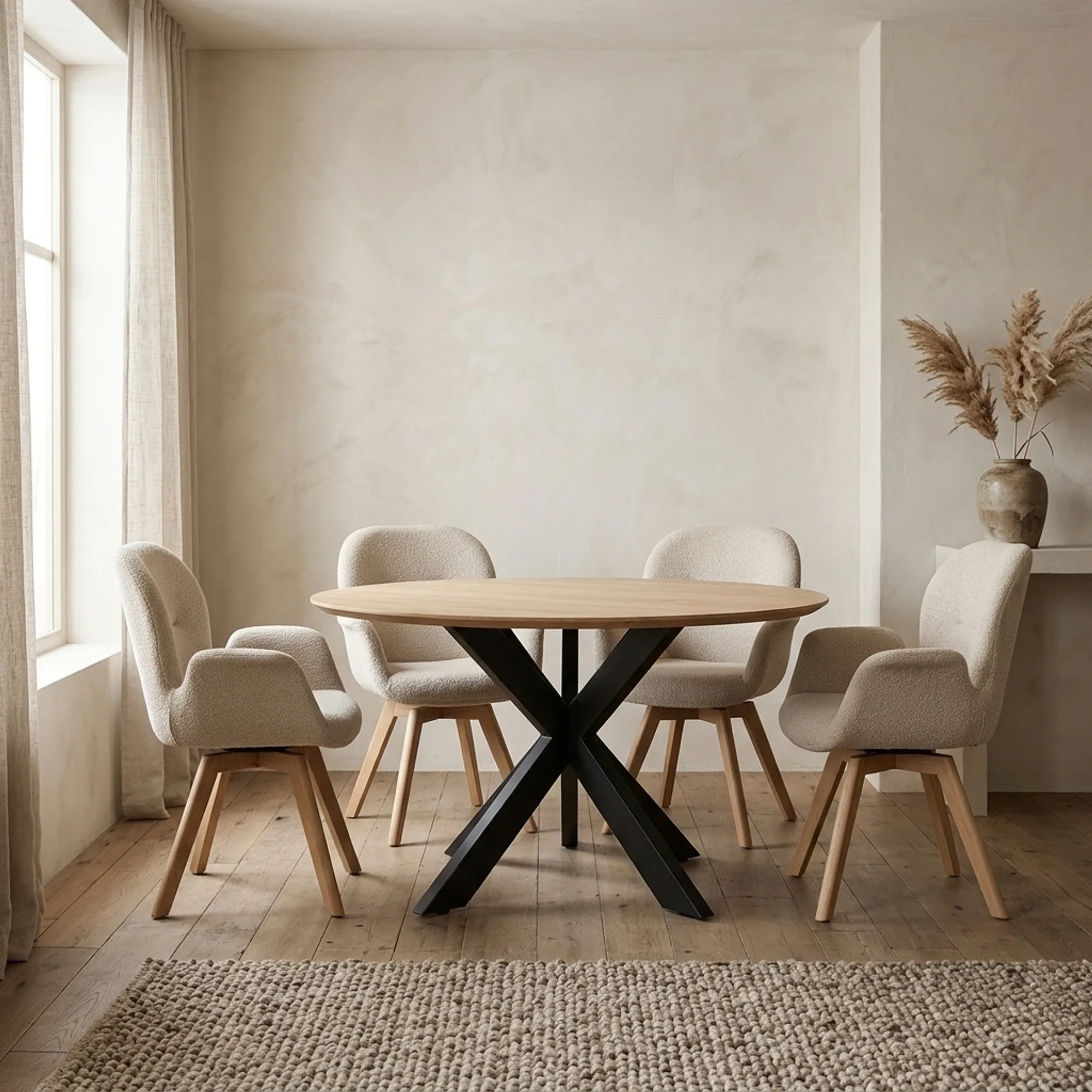 Der Spinnenbein Esstisch Rund Knock Down mit sechs Stühlen in einem hellen, minimalistischen Esszimmer - Benoa