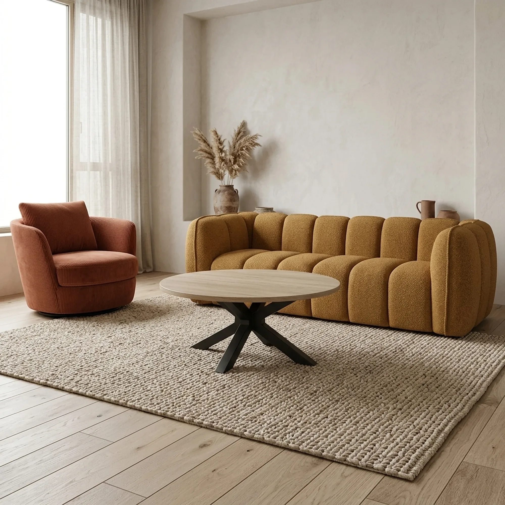 Spinnenbein Couchtisch Benoa in einem stimmungsvollen Wohnzimmer mit einem ockergelben Sofa und einem Terrakotta-Sessel