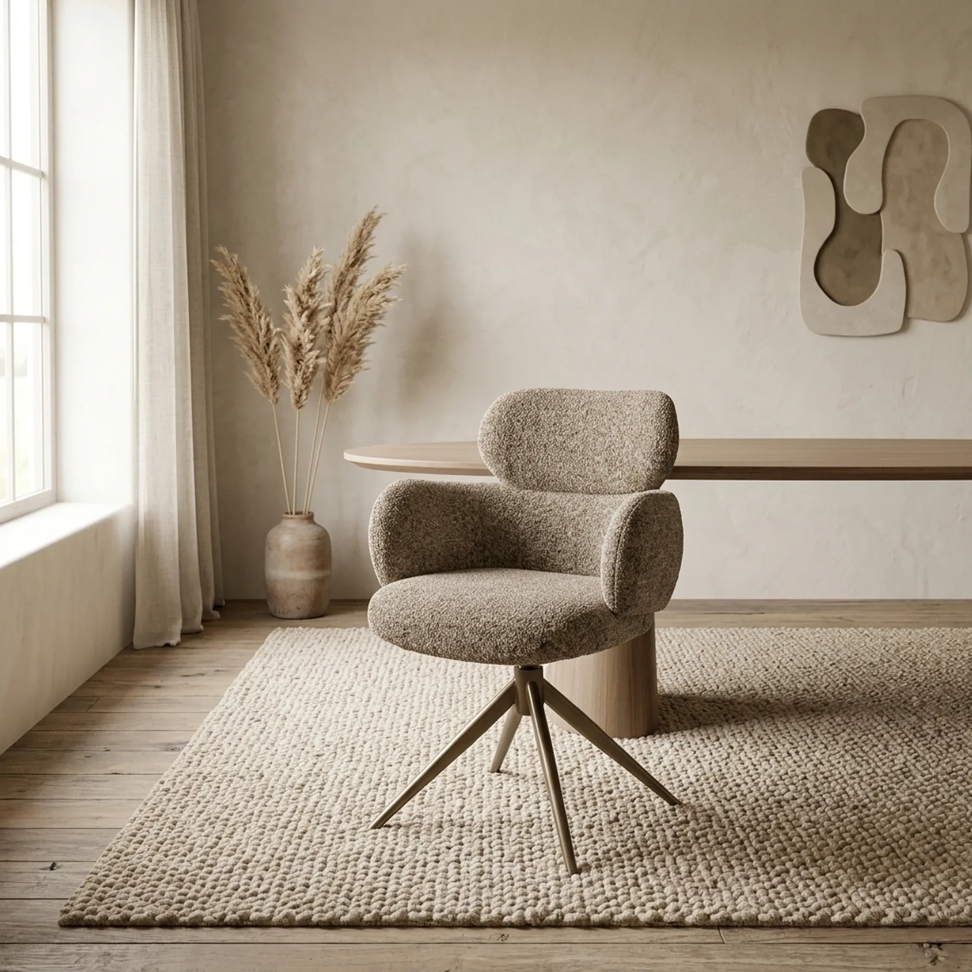Stuhl Darcio Gleam in einem hellen, minimalistischen Wohnzimmer mit einem Holztisch und einem Teppich - Eleonora