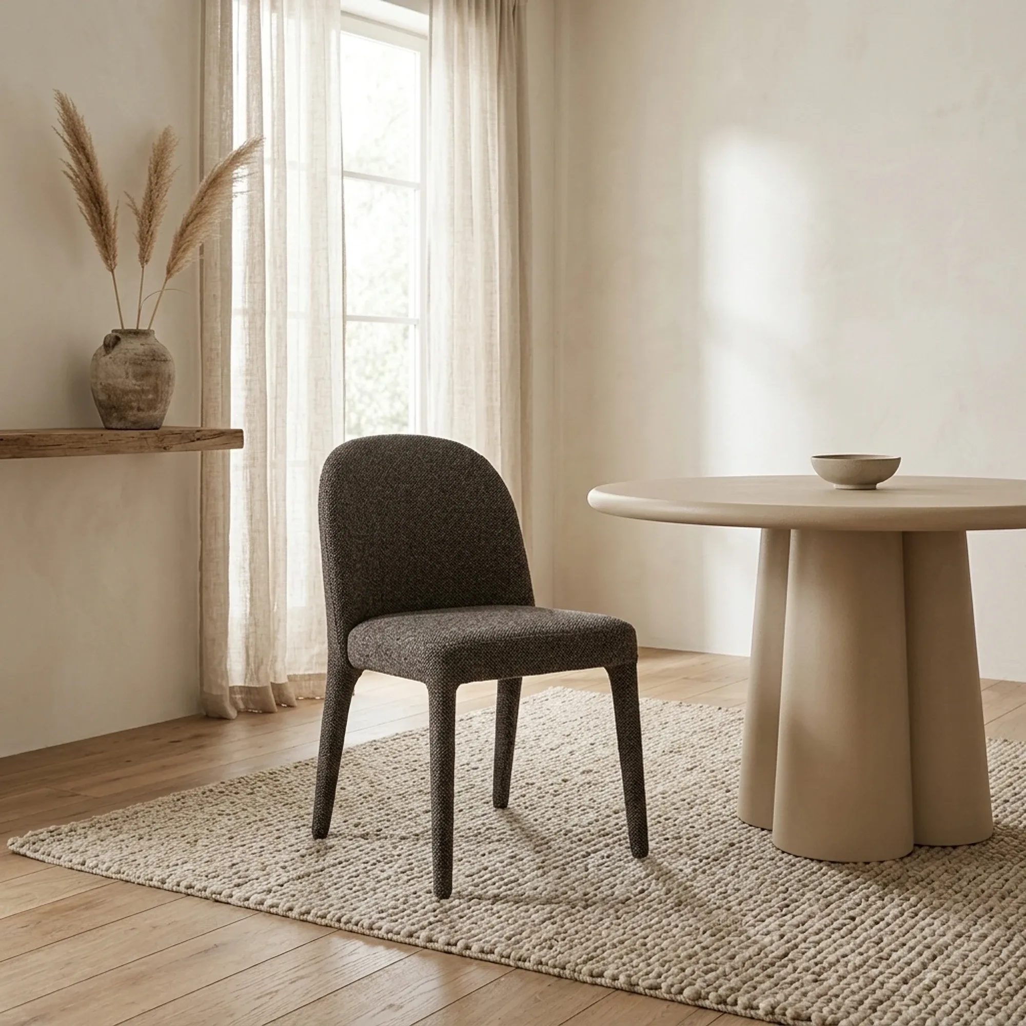 Stuhl Jaxx Toscane in einem hellen Esszimmer mit einem runden beigen Teppich und Holzboden - Eleonora