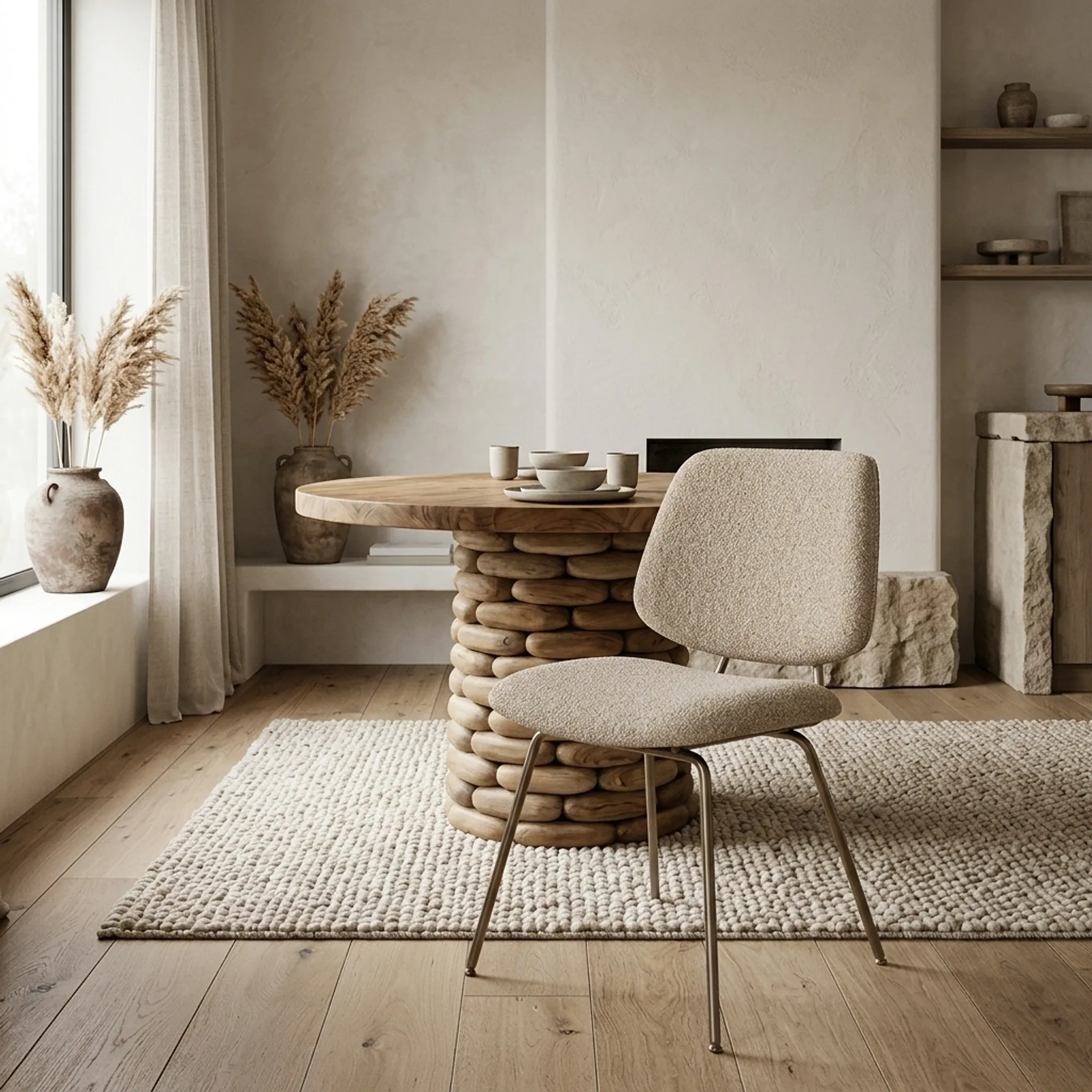 Der Stuhl Lynn Fletcher in einem beigefarbenen Wohnzimmer mit einem Holztisch und einem cremefarbenen Teppich - Eleonora