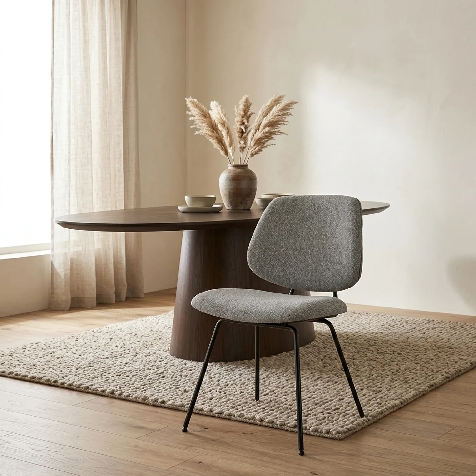 Stuhl Lynn Fletcher in einem hellen Esszimmer-Ambiente mit einem dunklen Holztisch und einem beigen Teppich - Eleonora