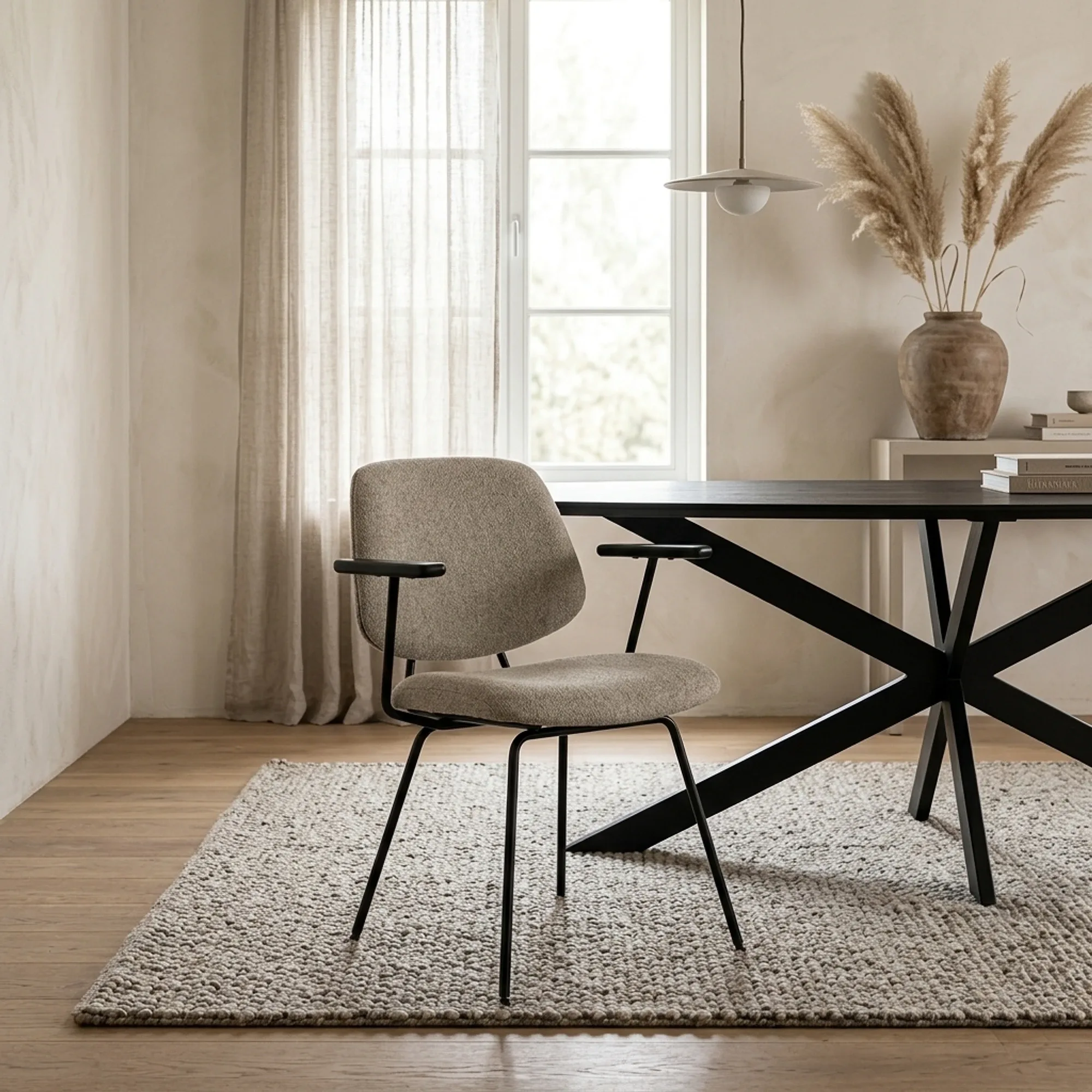 Stuhl Lynn mit Armlehne Fletcher in einem hellen Esszimmer mit dunklem Tisch und Teppich - Eleonora