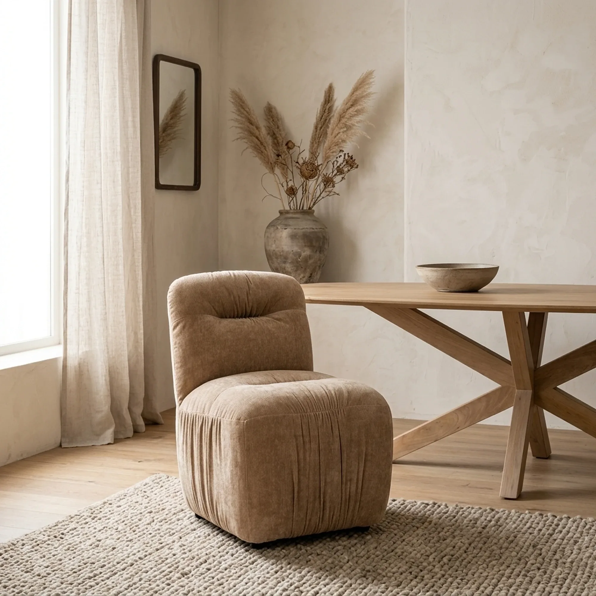 Stuhl Nook in einem modernen Interieur mit einem Holztisch und einer Vase mit Trockenblumen - By-Boo