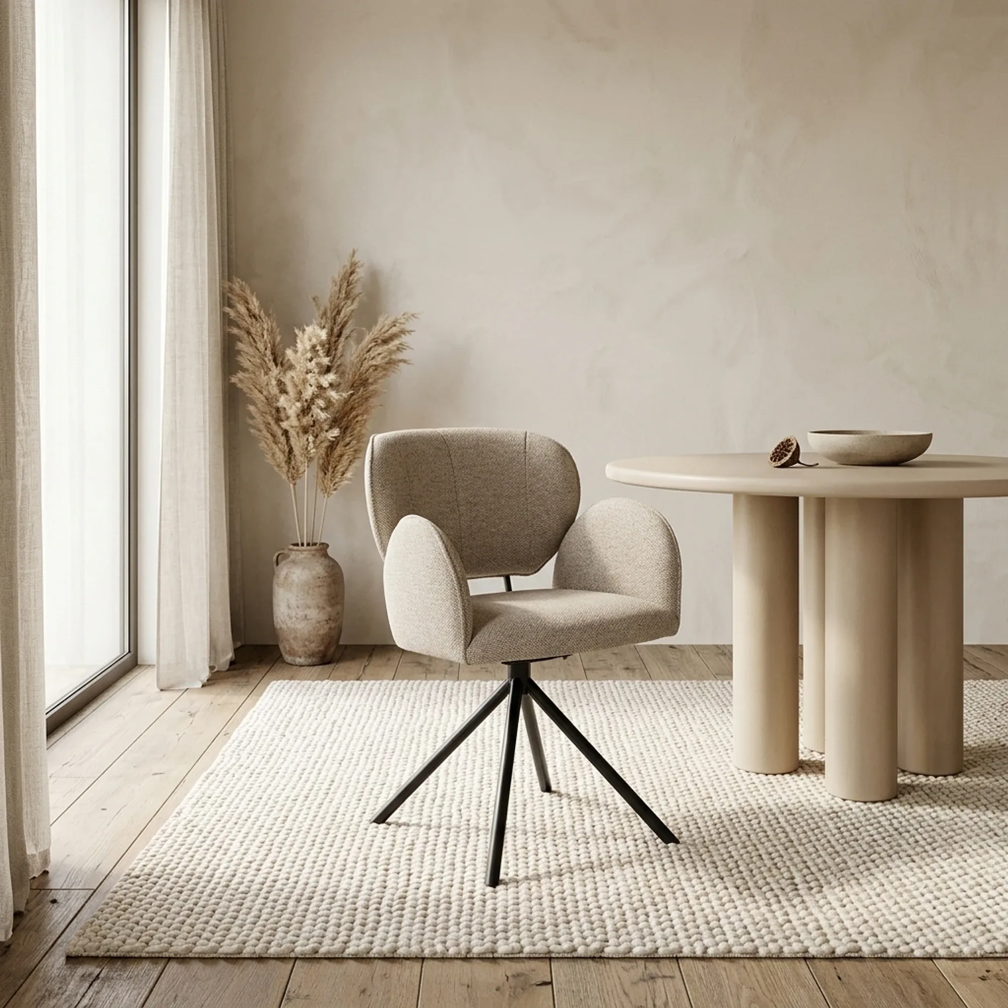 Stuhl Rosalin Moon in einem modernen Interieur mit rundem Tisch, Teppich und Pampasgras - Eleonora