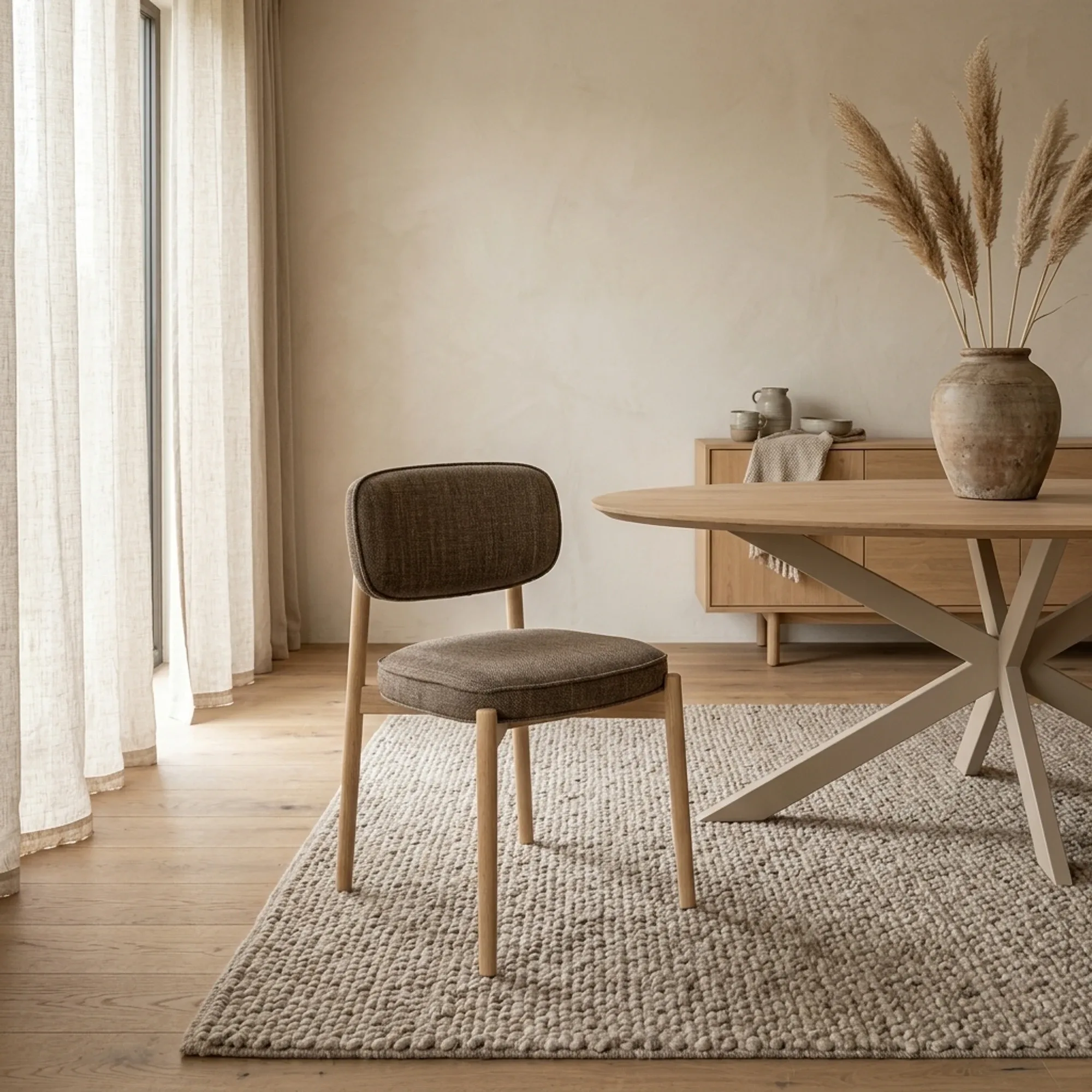 Stuhl Rune naturel Serene in einem hellen Esszimmer mit Holzboden und einem cremefarbenen Teppich - Eleonora