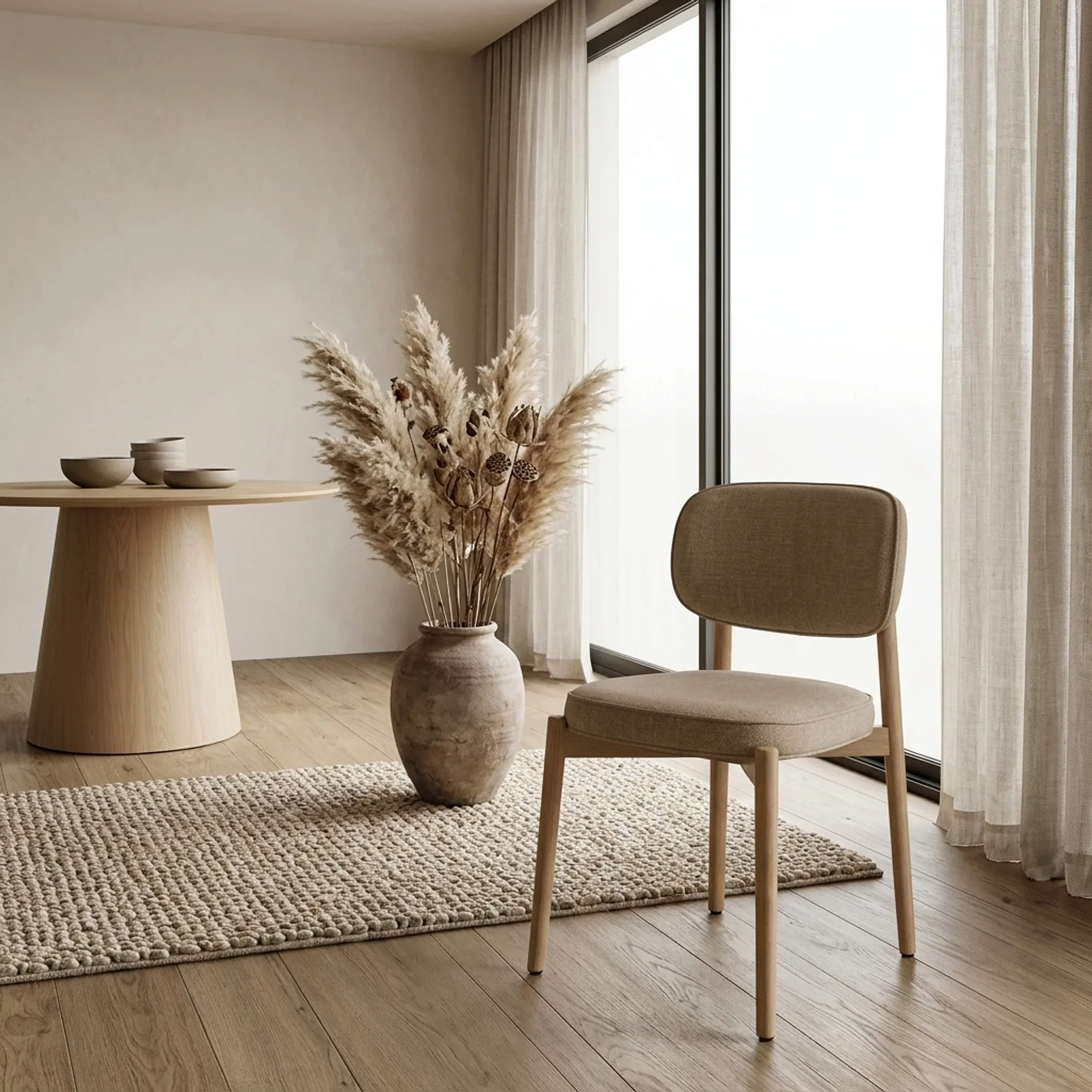 Stuhl Rune naturel Serene in einem hellen Wohnzimmer mit Holzboden, neben einer Vase mit Pampasgras - Eleonora