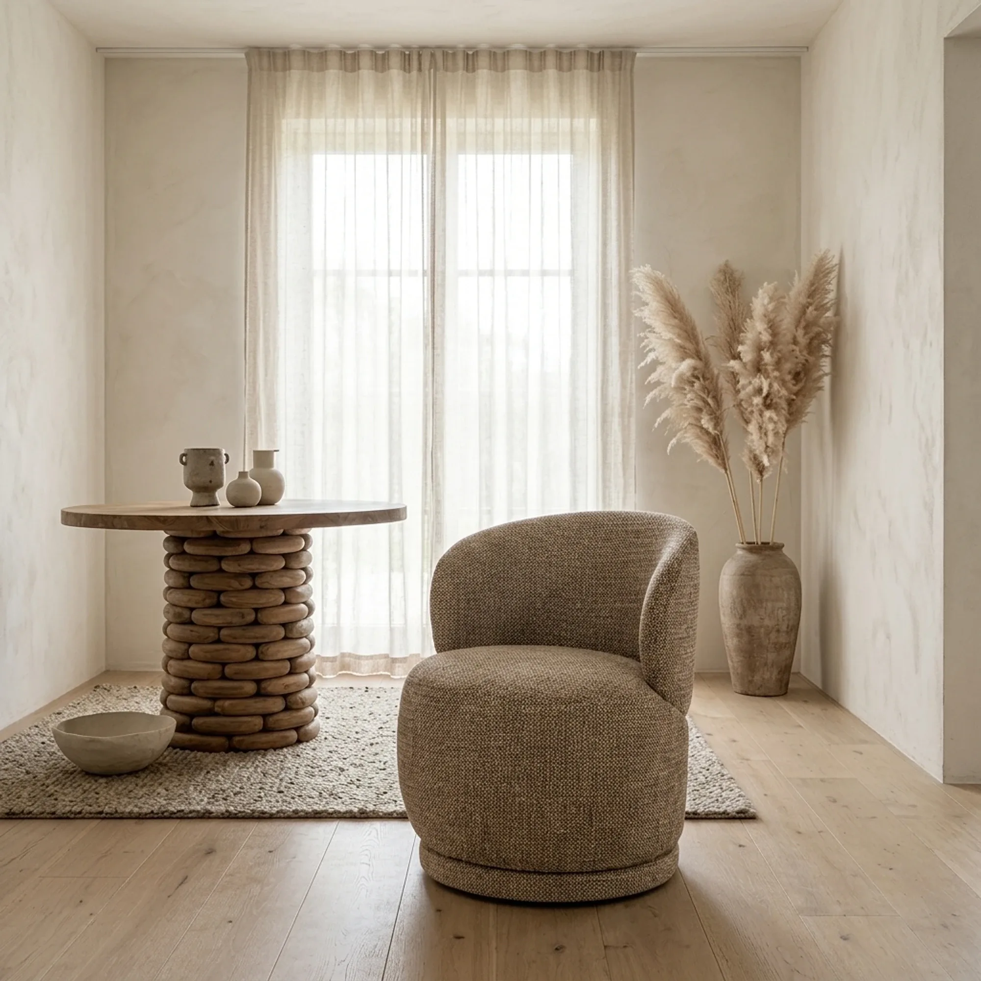 Stuhl Sulo Kiva in einem hellen, minimalistischen Raum mit einem Holztisch und getrockneten Pampasgras - Eleonora