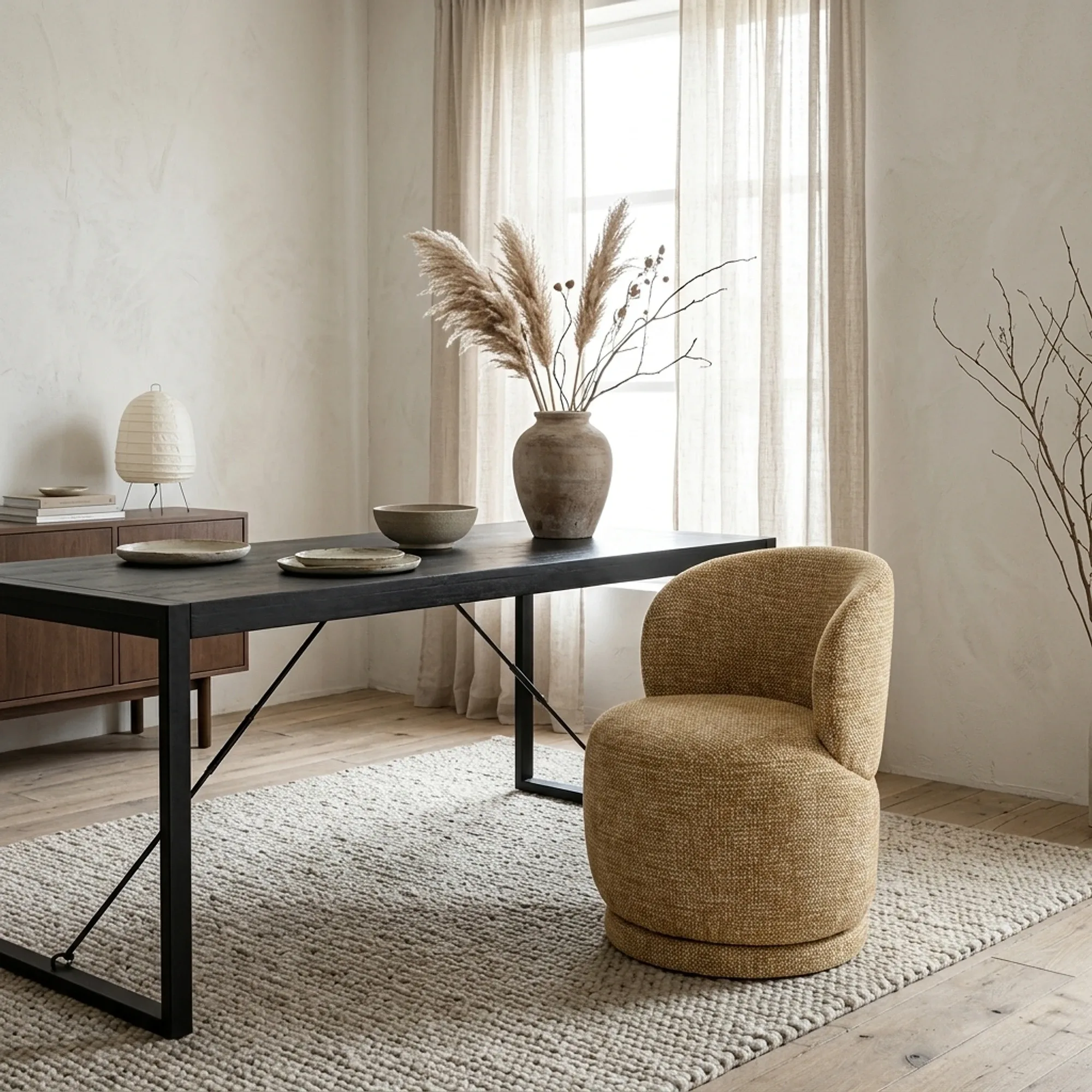 Stuhl Sulo Kiva in einem stimmungsvollen Esszimmer mit einem dunklen Esstisch und einem hellen Teppich - Eleonora