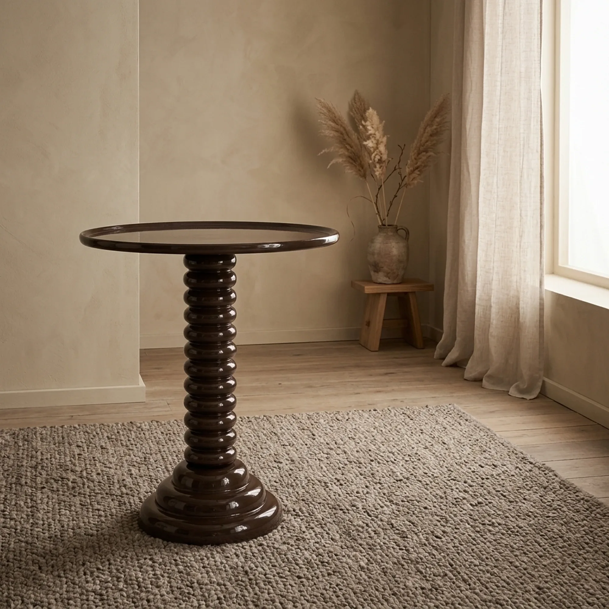 Tisch Basco in einem stimmungsvollen Wohnzimmer mit cremefarbenem Teppich und einer Vase mit Pampasgras - By-Boo