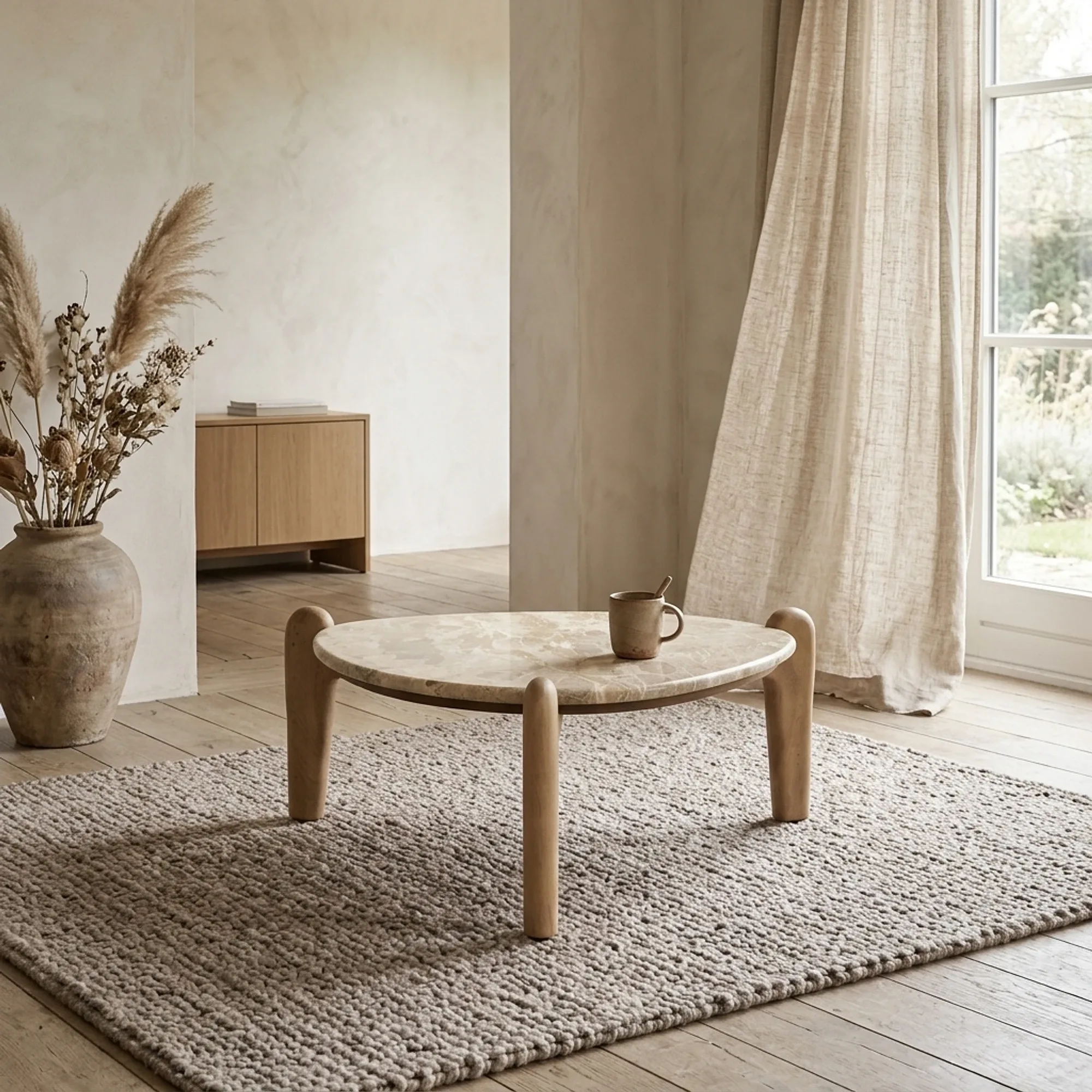 Tisch Marnish Small in einem hellen Wohnzimmer mit einem Teppich, einer Vase mit Trockenblumen und einem Fenster - By-Boo