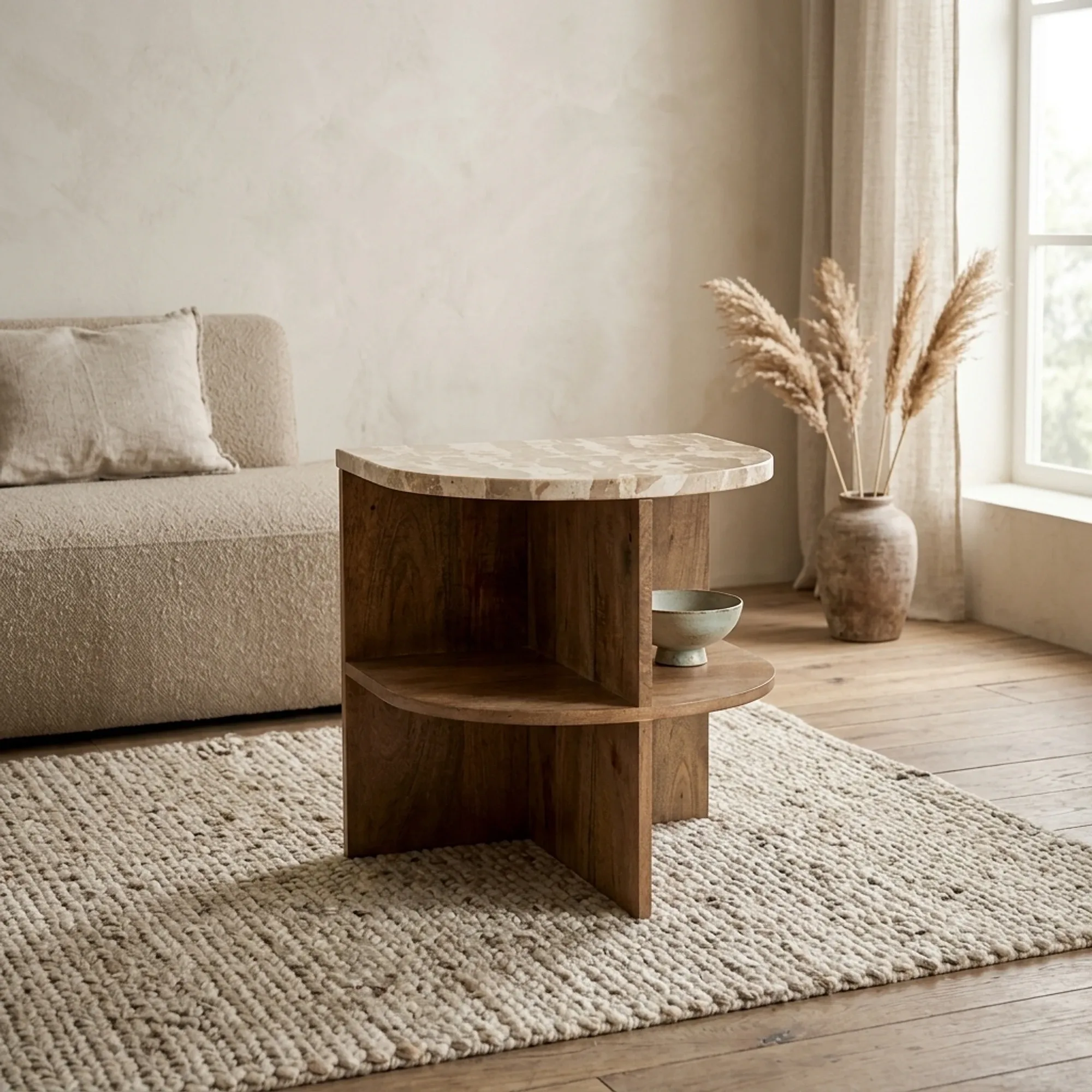 Tisch Marwood in einem stimmungsvollen Wohnzimmer mit beigem Sofa und gewebtem Teppich - By-Boo