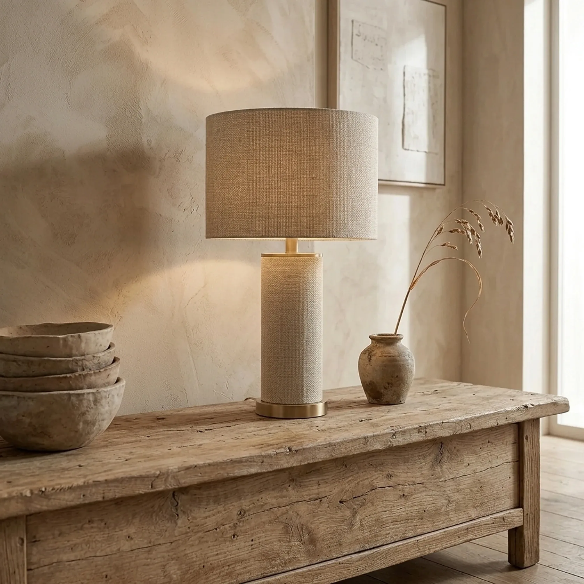 Tischleuchte Joline beige auf einem hölzernen Sideboard mit Dekoration, in einer stimmungsvollen Umgebung - Richmond Interiors