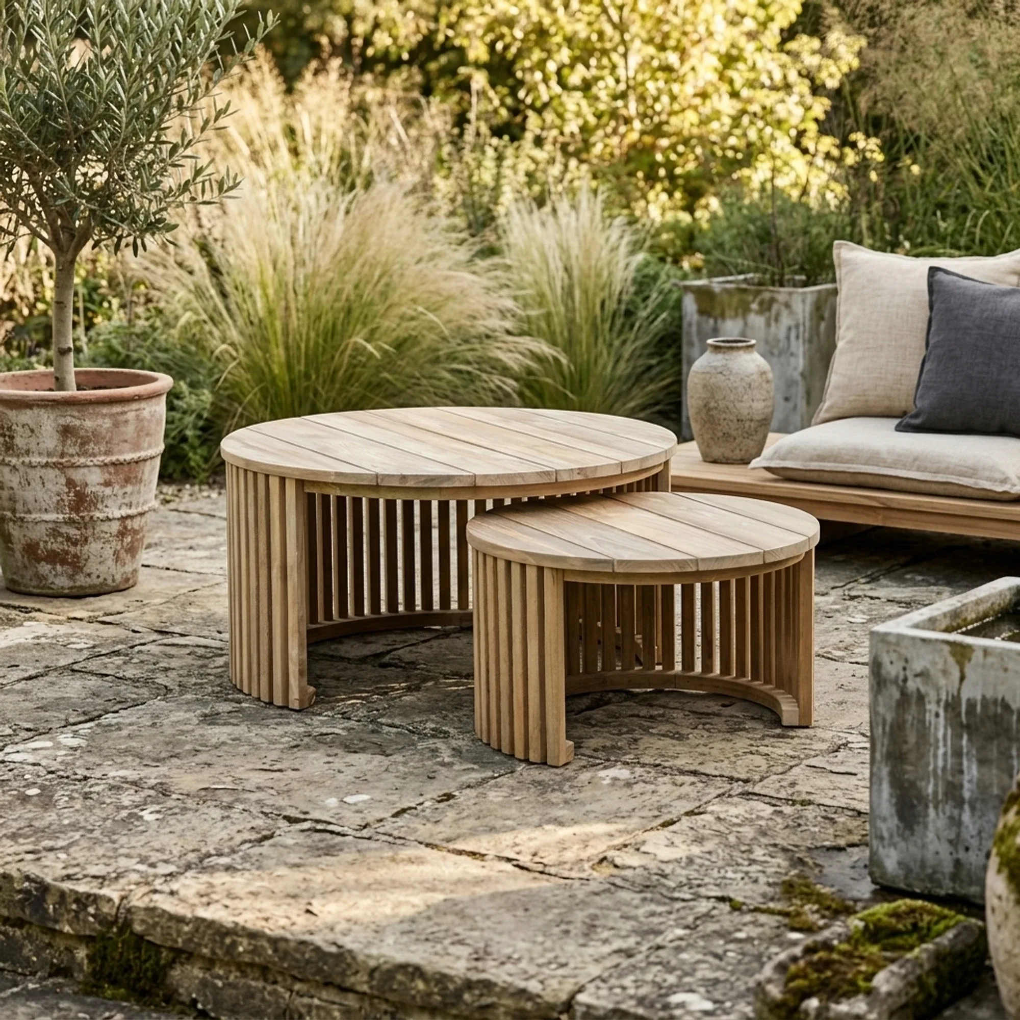 Zwei Negara Teak Beistelltische in einem Garten mit üppigem Grün und einem Terrakottatopf - Benoa