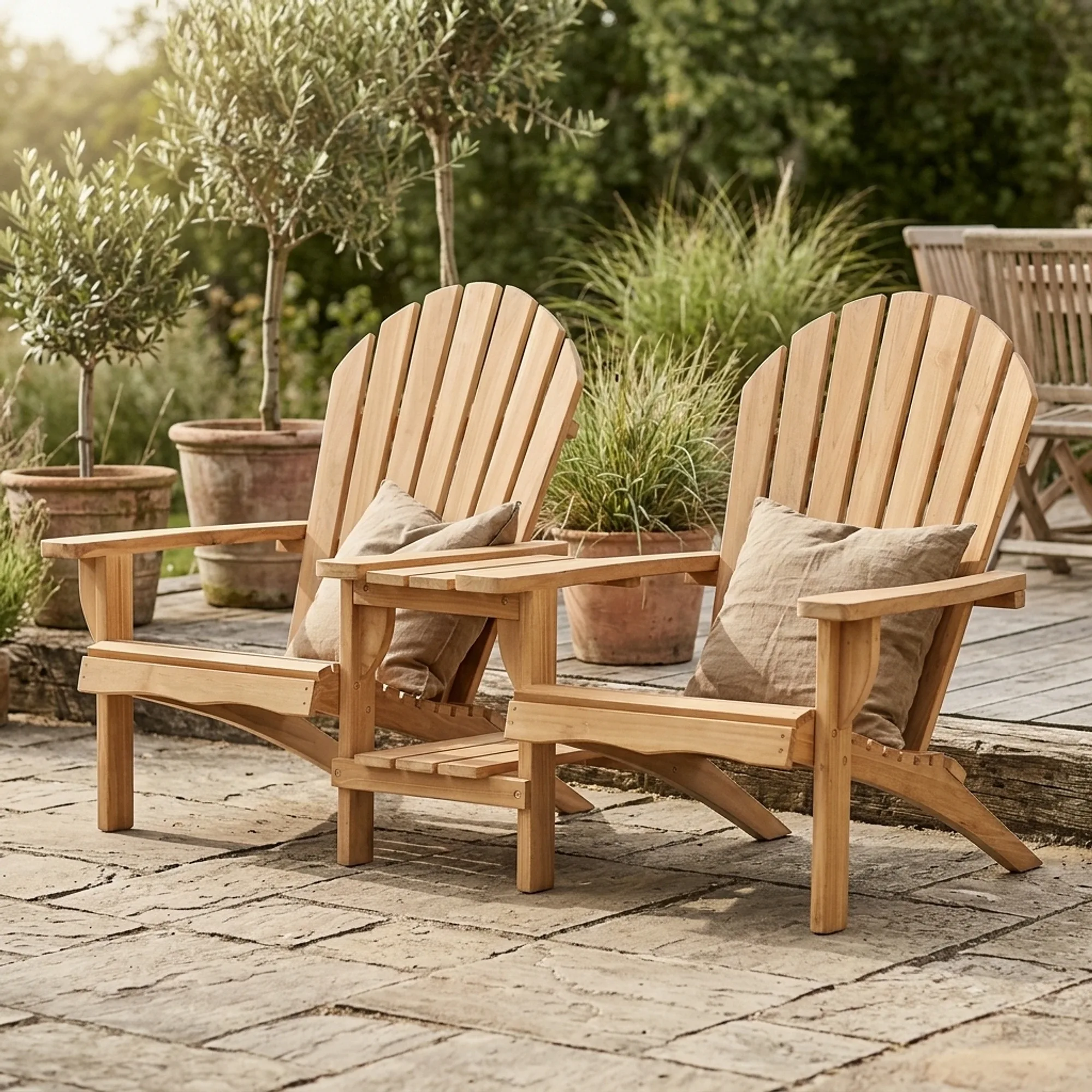 Twee houten tuin loungestoelen met kussens, verbonden door een bijzettafel, op een terras met planten - Benoa