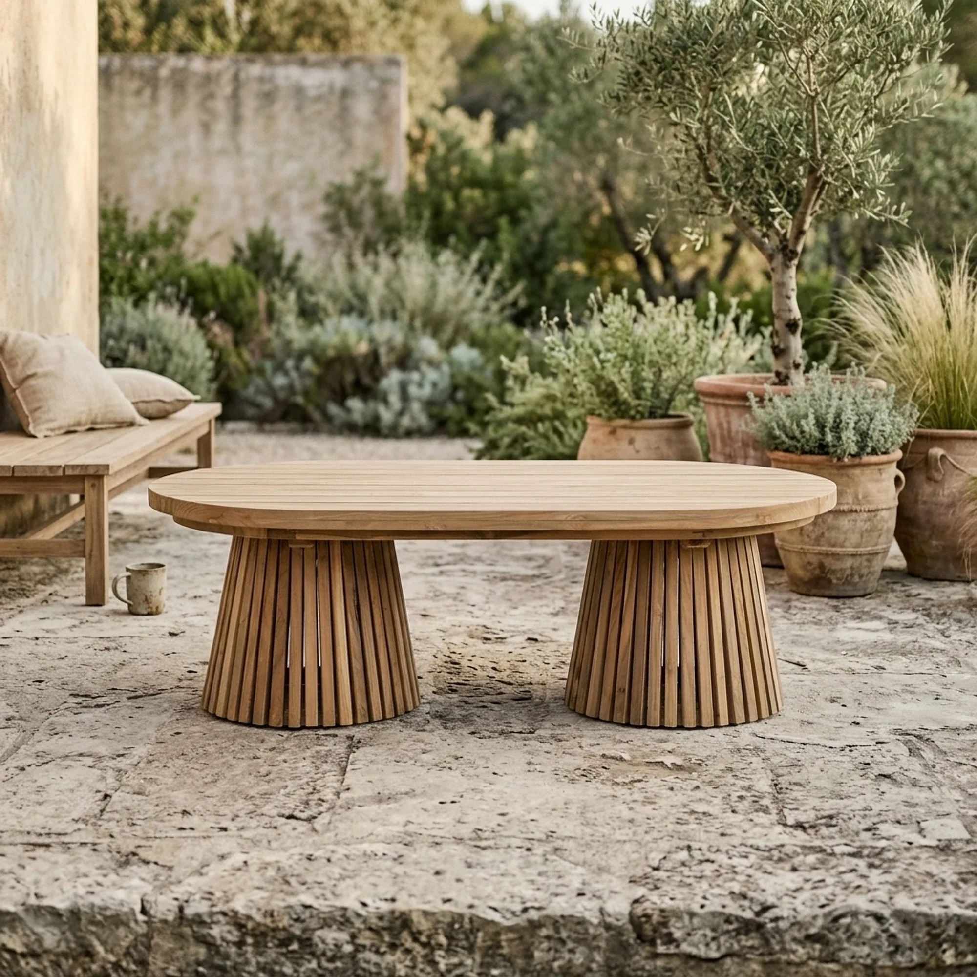Garten Couchtisch Mirai Teakholz 130 in einem mediterranen Garten mit einer Holzbank und Topfpflanzen - Benoa