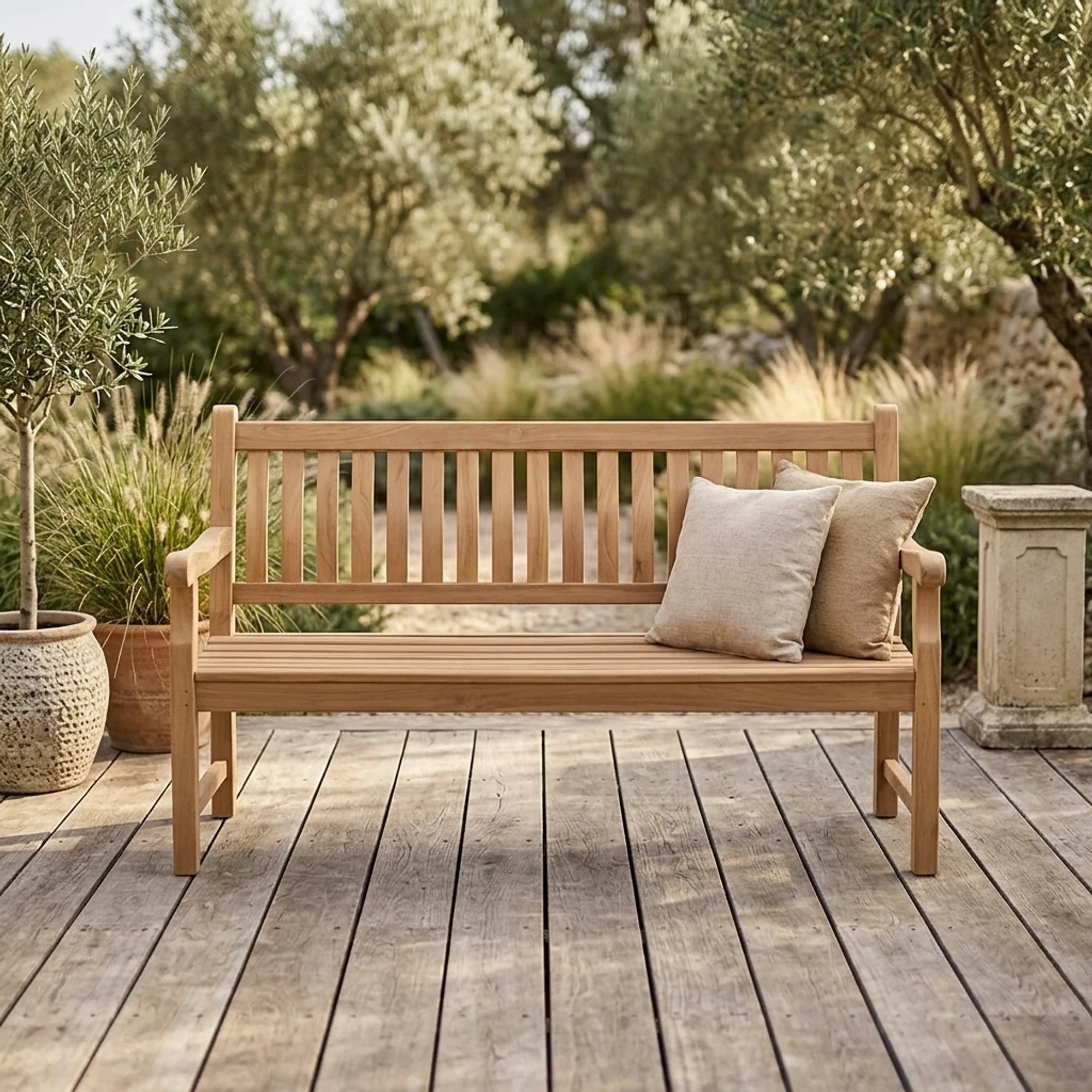 Gartenbank Patrick 5 cm 200 cm auf einer Holzterrasse mit Kissen und Pflanzen im Garten - Livingfurn