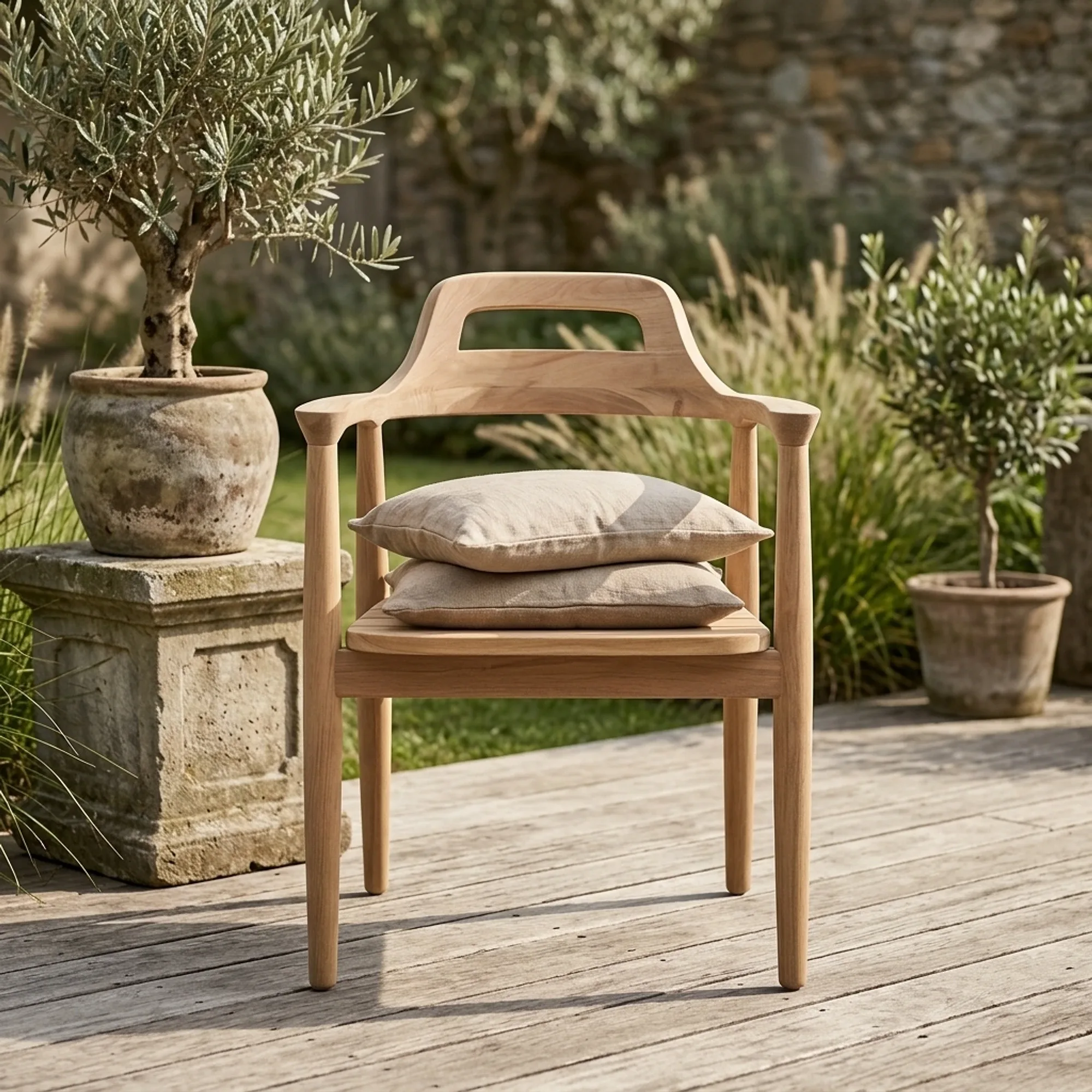Tuinstoel Philipe Teak met twee kussens op een houten terras in een tuin - Benoa