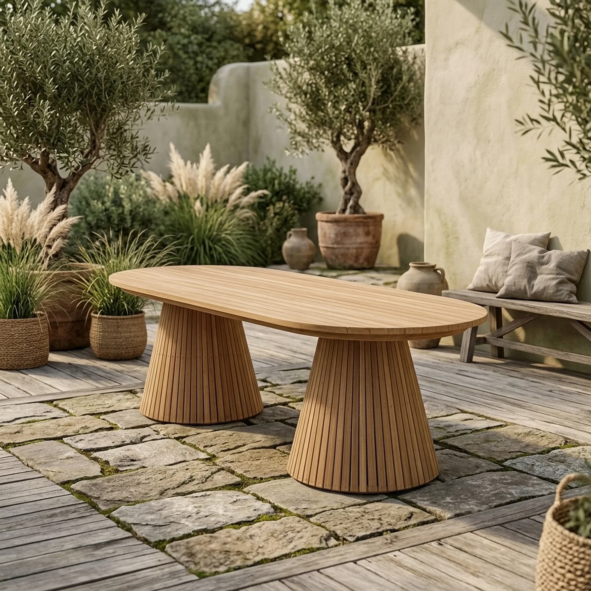 Der Gartentisch Oval Mirai 240 steht auf einer Terrasse mit Holz- und Steinplatten, umgeben von Pflanzen und einer Bank - Benoa