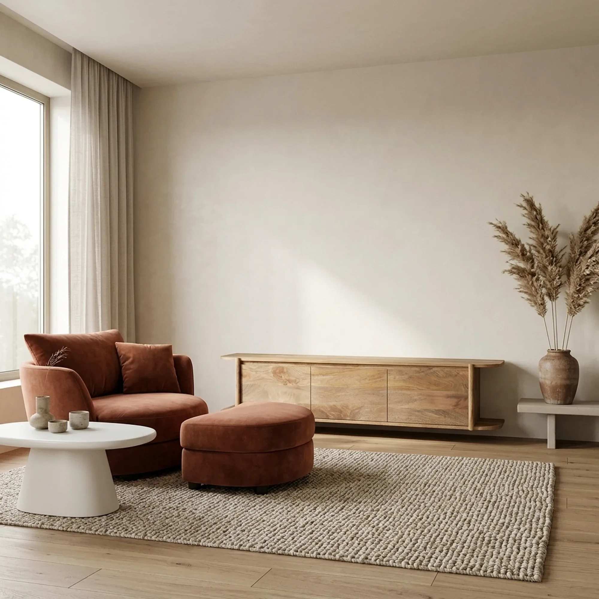 TV-Schrank Jade schwebend Naturell in einem hellen Wohnzimmer mit einem terrakottafarbenen Sofa und einem cremefarbenen Teppich - Benoa