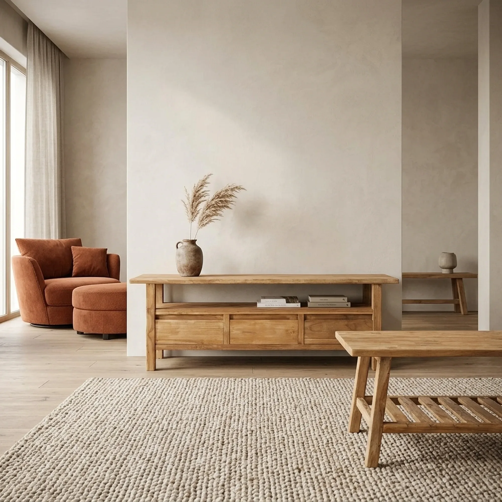 Tv-Schrank Blora in einem hellen Wohnzimmer mit einem Terrakotta-Sessel und einem cremefarbenen Teppich - Benoa