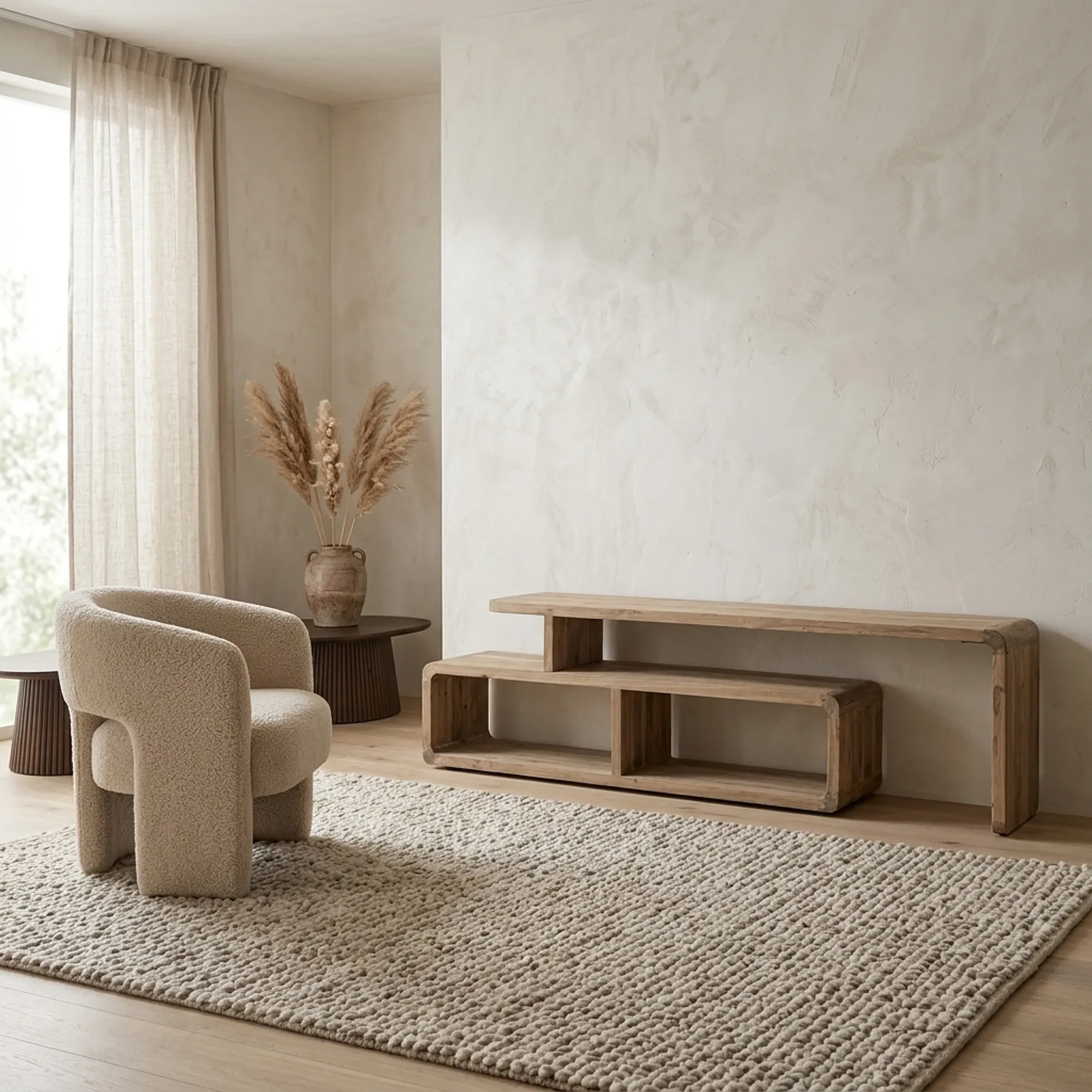 TV-Möbel Fushion ausziehbar in einem hellen Wohnzimmer mit Sessel, Teppich und Dekoration - MUST Living